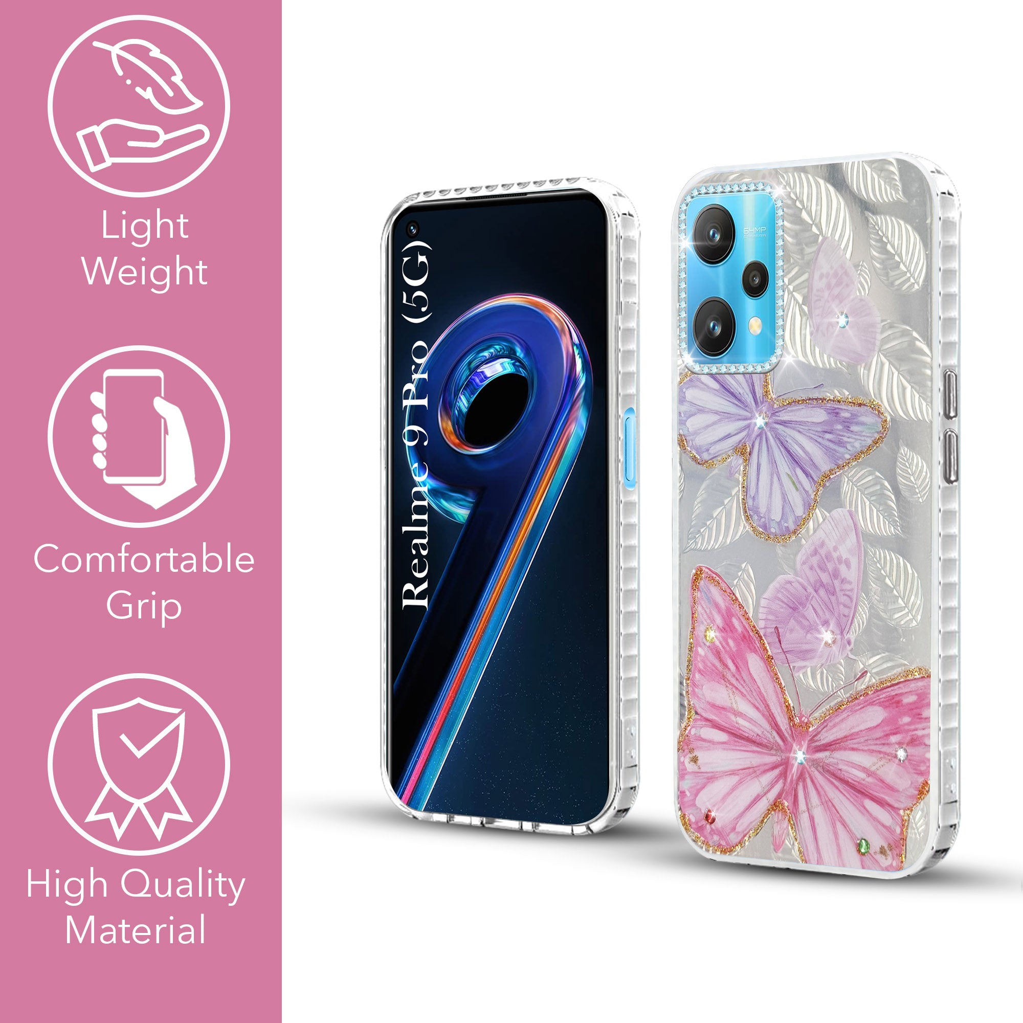 For Realme 9 Pro Back Cover Case (Luxury Floral Glitter Cute Butterfly | Diamond Studded Camera Bump | Girls & Women Design)
