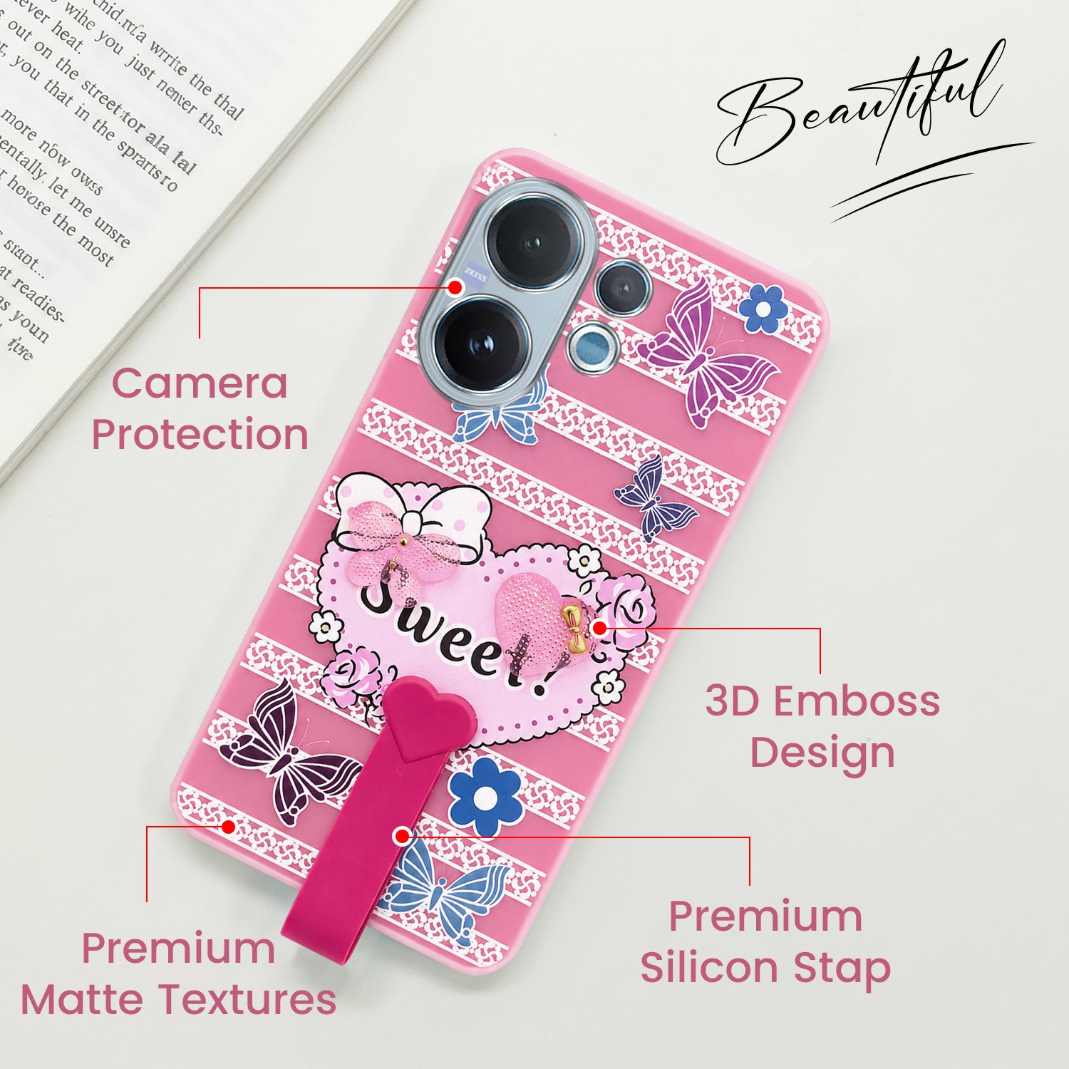For Vivo V60 | Vivo T4 Pro Back Cover Case (3D Cute Heart Strap Holder | Camera Protection | Designer Girls Print)