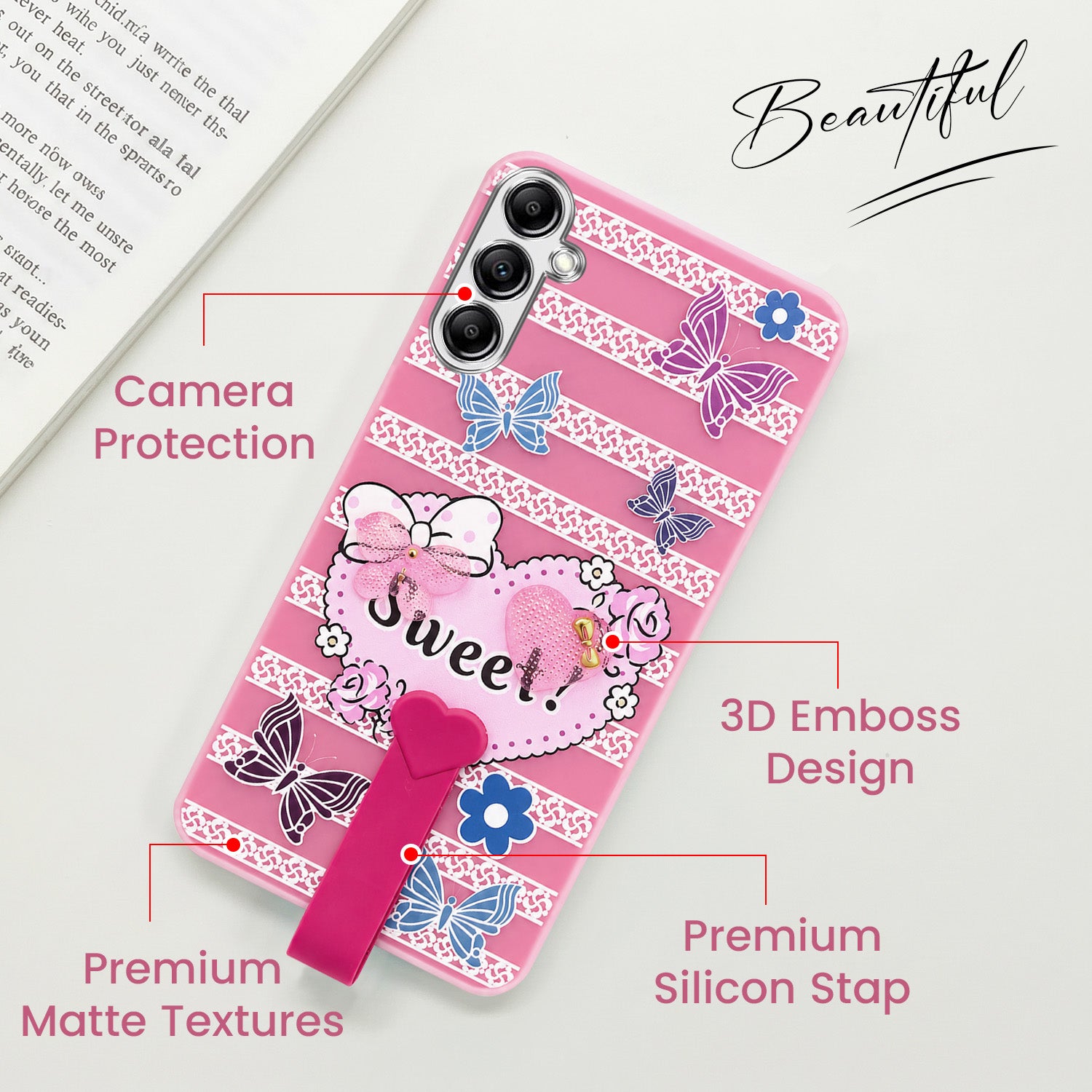 For Samsung Galaxy A14 4G | 5G Back Cover Case (3D Cute Heart Strap Holder | Camera Protection | Designer Girls Print)