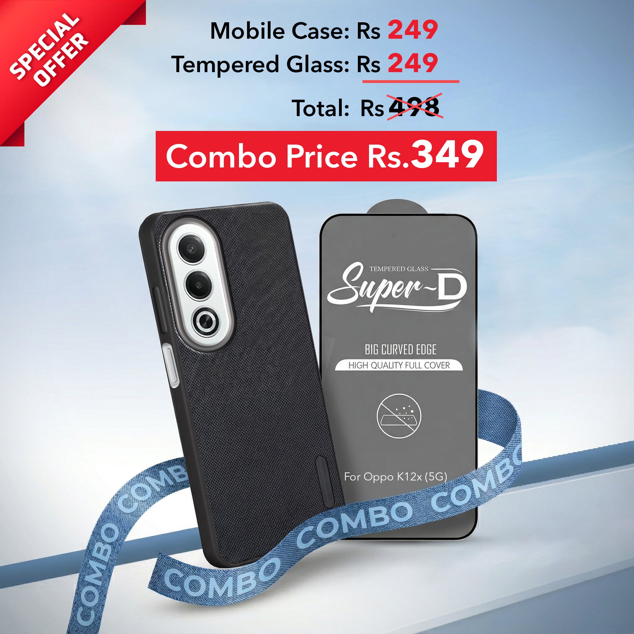 For Oppo K12x 5G Combo with Back Cover and 9H Tempered Glass (Textured Grip Design | Micro-Fiber Cloth Inside | Oleophobic Coating Screen Glass)