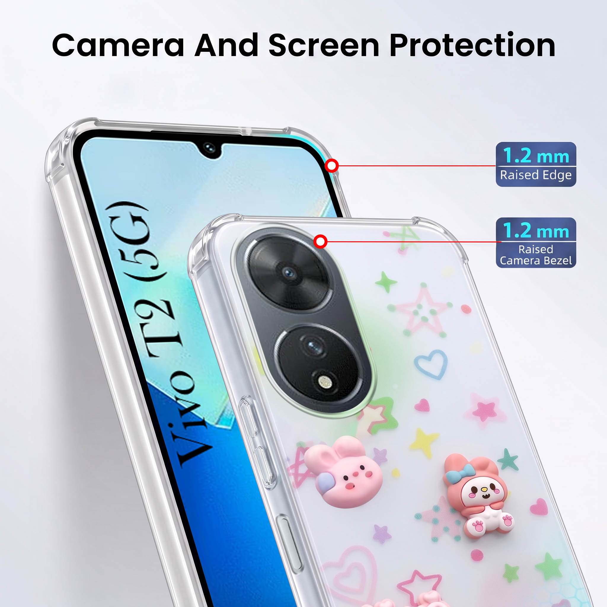 For Vivo T2 Back Cover Case (3D Cute Cartoons | Hard Back Side Soft | Matte Premium Finish | HD Printing)