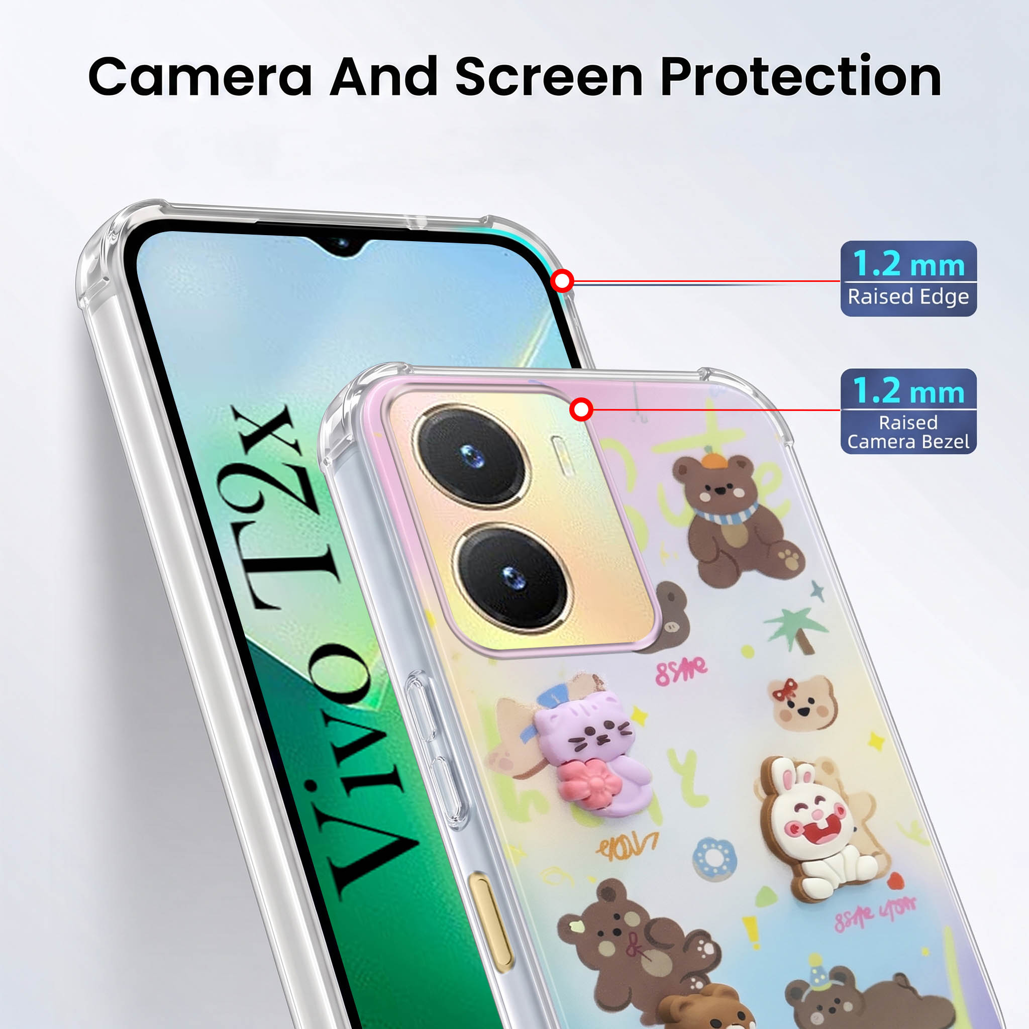 For Vivo T2x Back Cover Case (3D Cute Cartoons | Hard Back Side Soft | Matte Premium Finish | HD Printing)