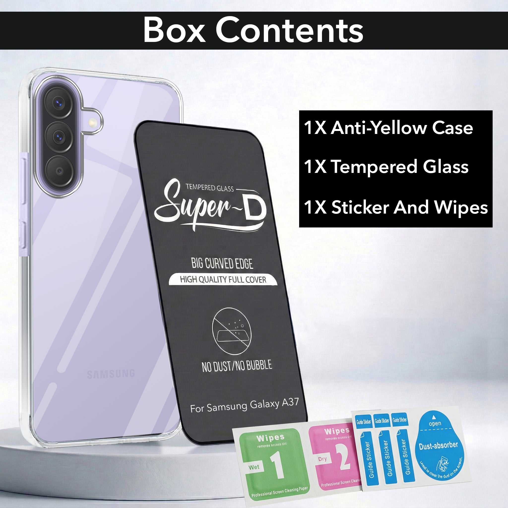 For Samsung Galaxy A37 5G Combo with Back Cover and 9H Tempered Glass (Lifetime Anti-Yellow | Sleek Hard Crystal | Oleophobic Coating Screen Glass)