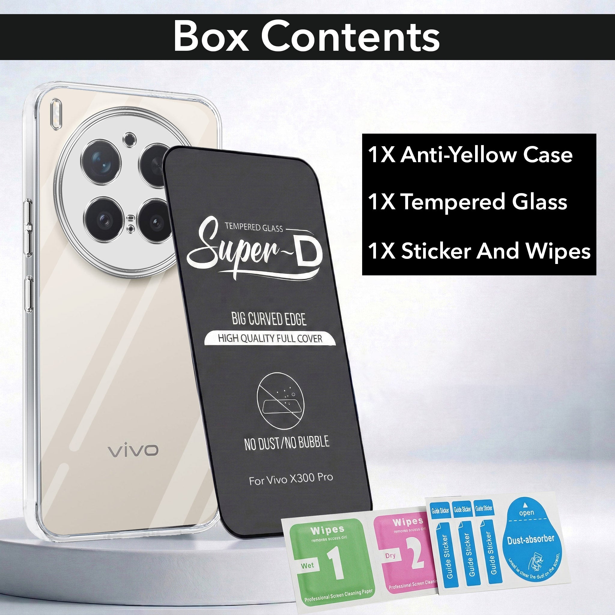 For Vivo X300 Pro Combo with Back Cover and 9H Tempered Glass (Lifetime Anti-Yellow | Sleek Hard Crystal | Oleophobic Coating Screen Glass)