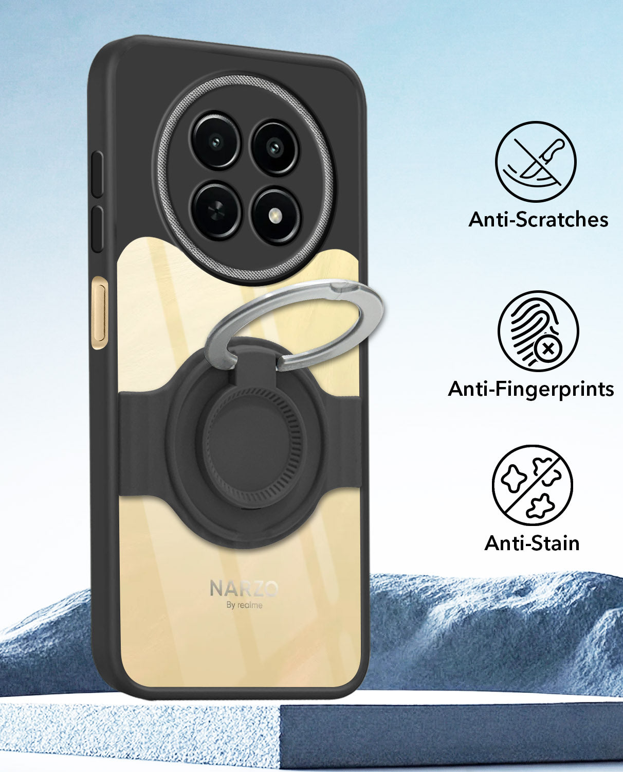 For Realme Narzo N65 5G Back Cover Case with stand (Built-in Ring Holder Kickstand | Lifetime Anti Yellow | Camera Protection)