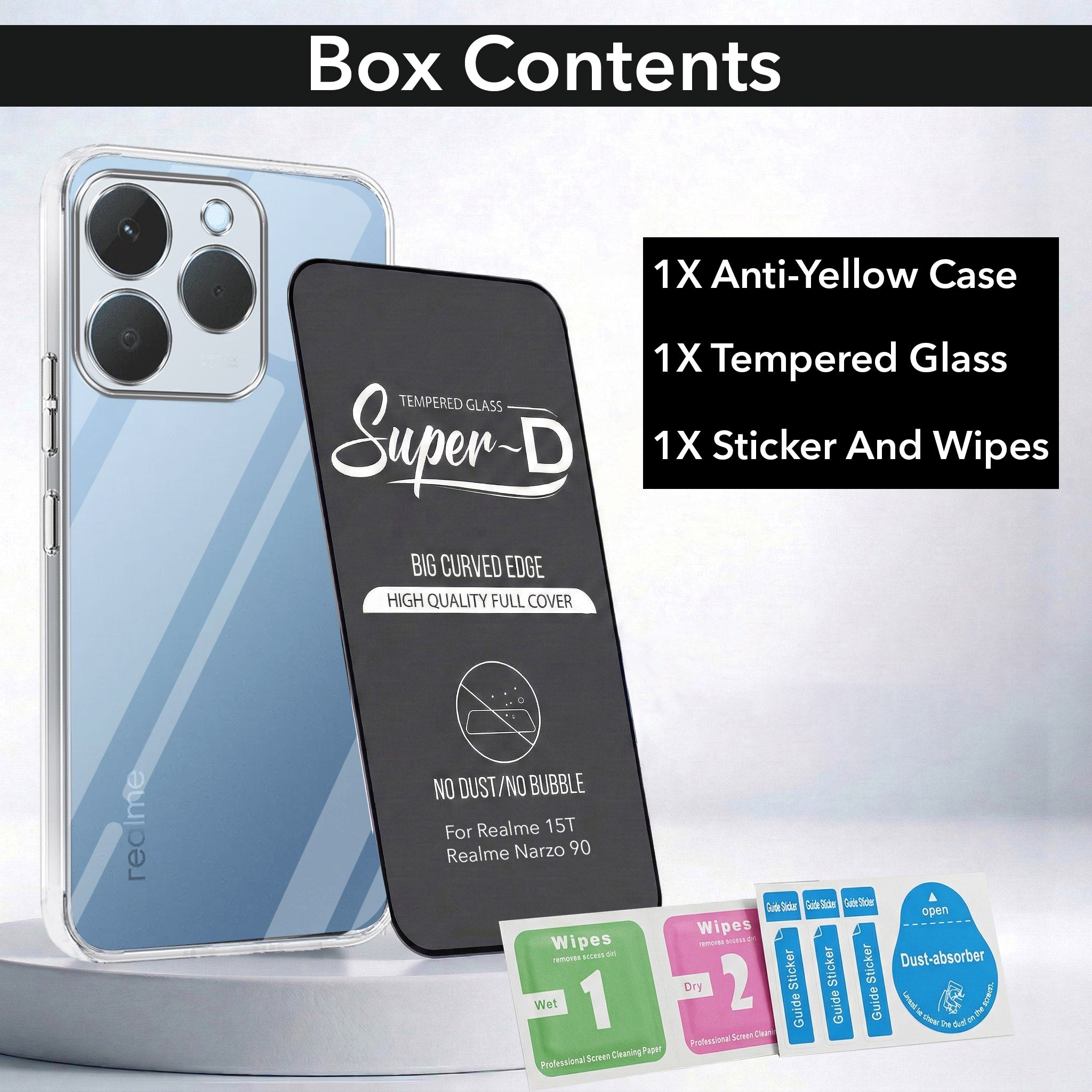 For Realme 15T | Realme Narzo 90 Combo with Back Cover and 9H Tempered Glass (Lifetime Anti-Yellow | Sleek Hard Crystal | Oleophobic Coating Screen Glass)
