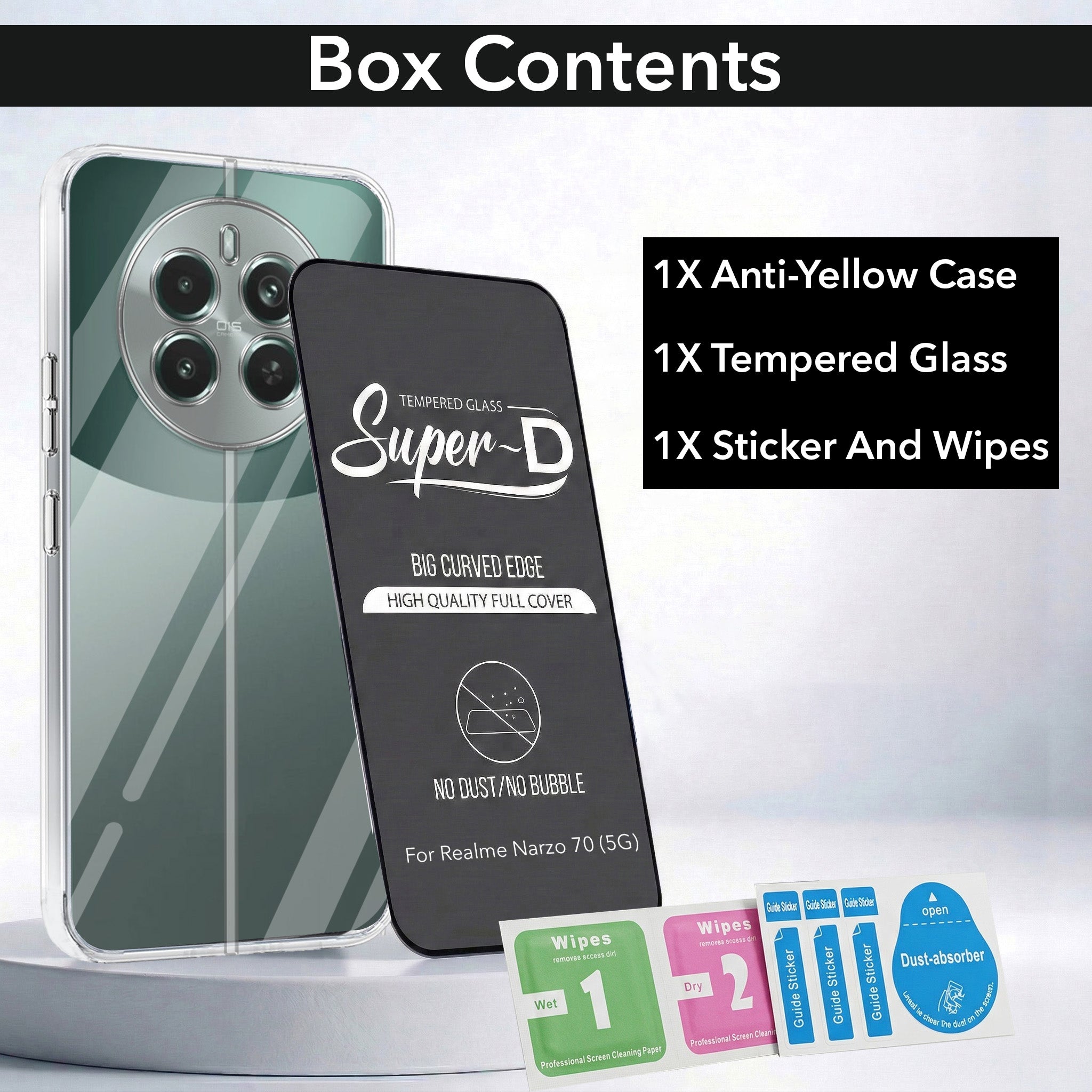 For Realme Narzo 70 5G Combo with Back Cover and 9H Tempered Glass (Lifetime Anti-Yellow | Sleek Hard Crystal | Oleophobic Coating Screen Glass)