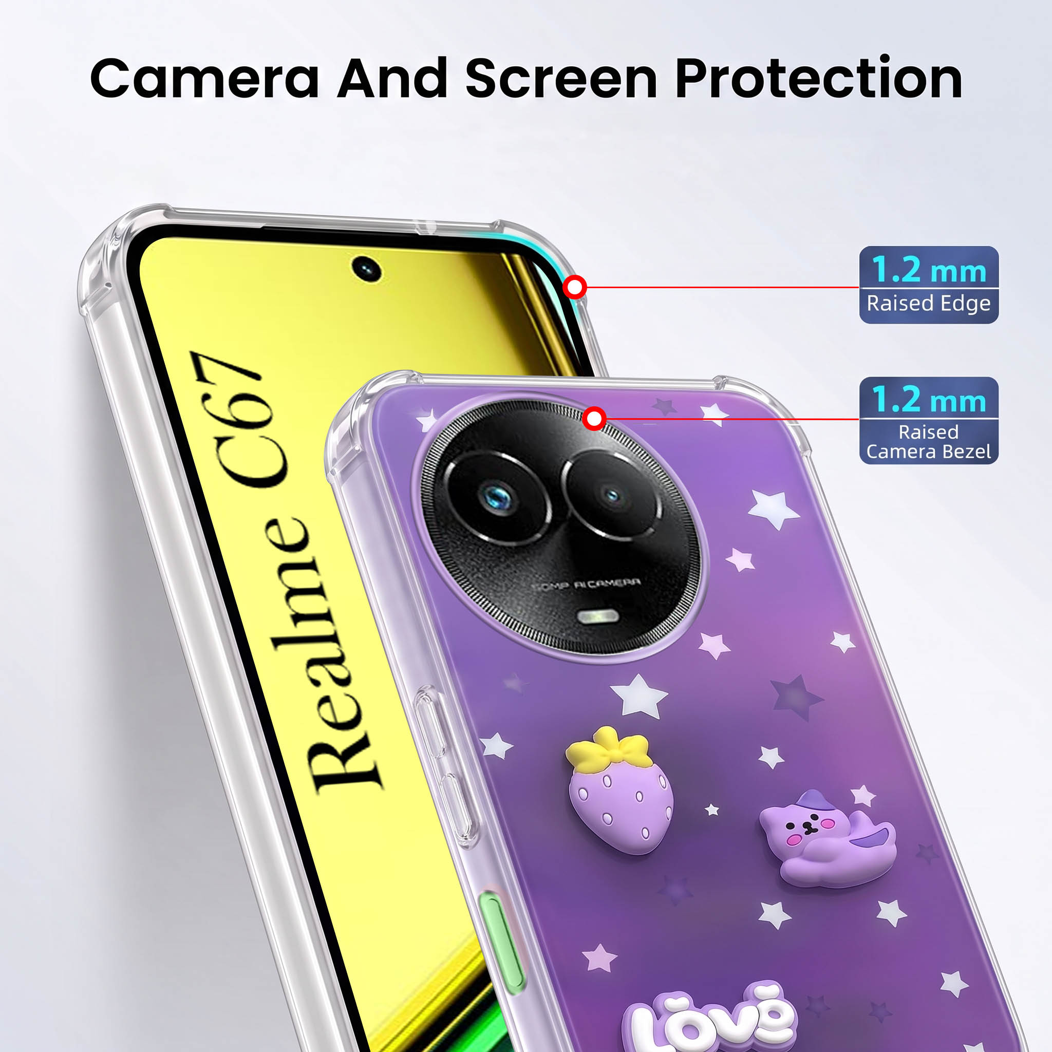 For Realme C67 Back Cover Case (3D Cute Cartoons | Hard Back Side Soft | Matte Premium Finish | HD Printing)