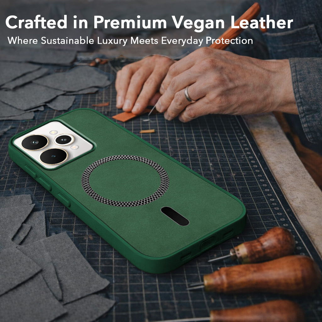 For Realme 15 Back Cover Case Leather Finish (MagSafe Compatible Wireless Charging | Soft Touch | Camera Bump Protection)