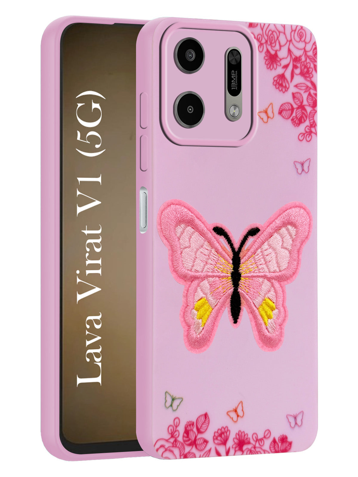 For Lava Virat V1 5G Back Cover Case (Soft Butterfly Embroidery | Women Teen Girls | Camera Protection| Matte Silicone)