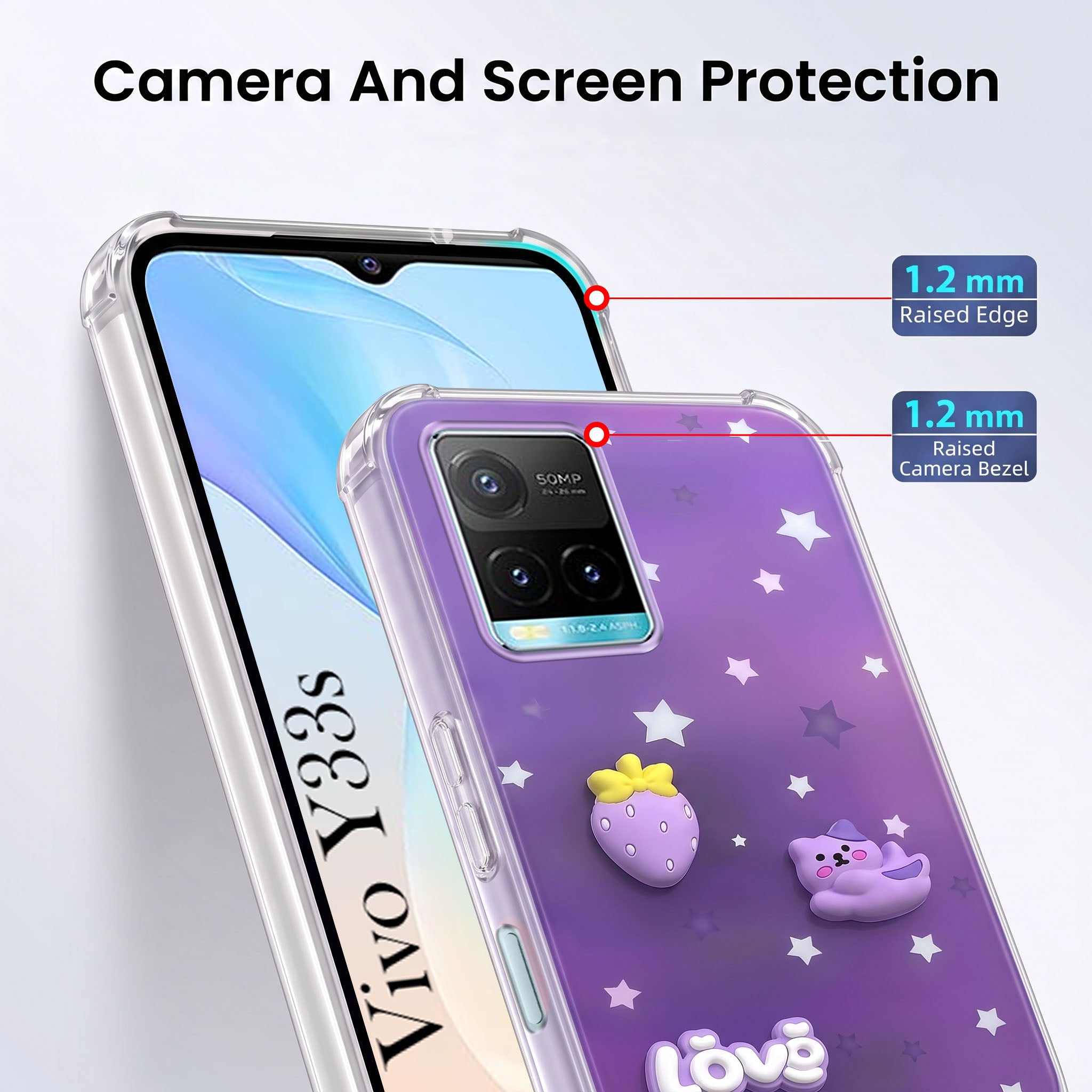 For Vivo Y33s Back Cover Case (3D Cute Cartoons | Hard Back Side Soft | Matte Premium Finish | HD Printing)