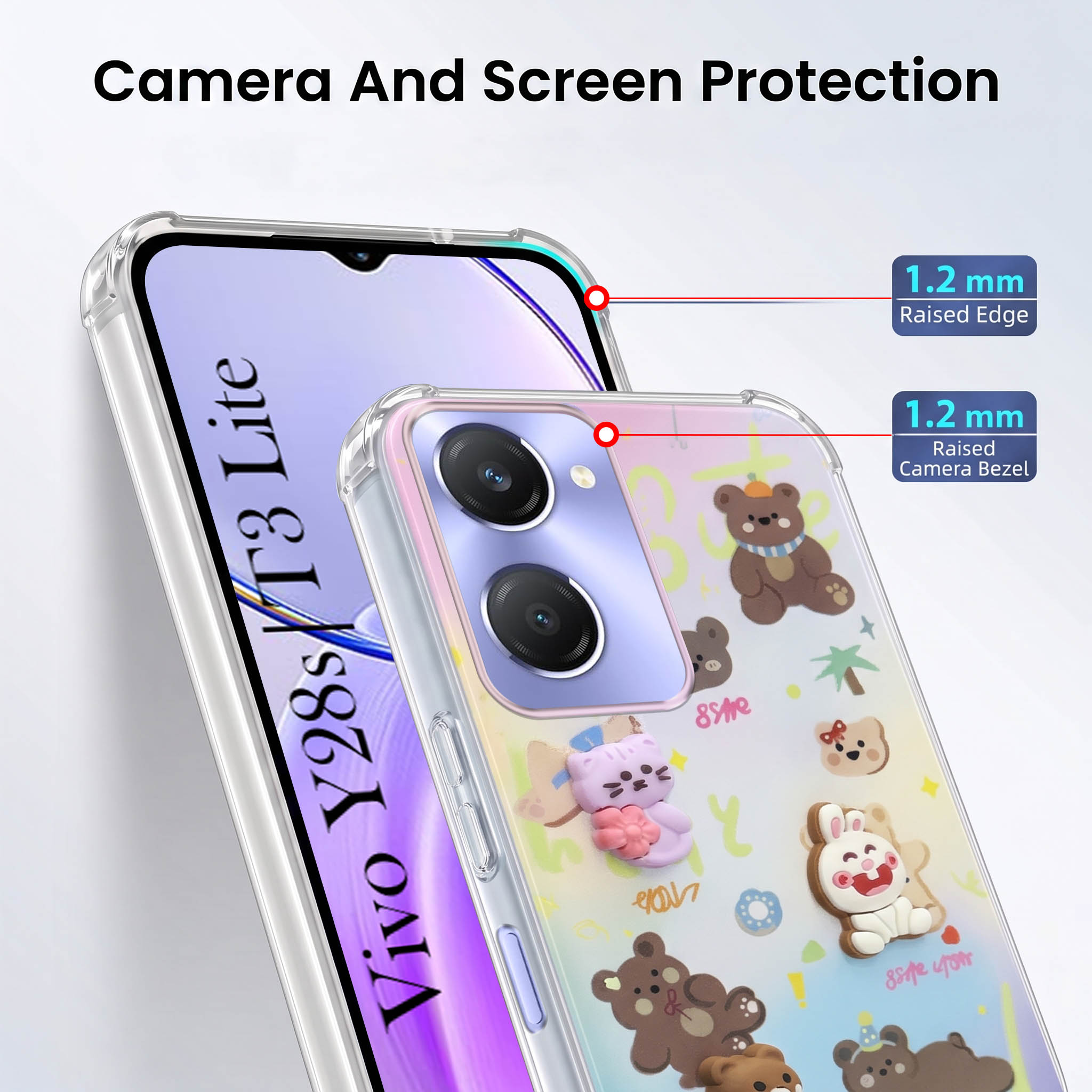 For Vivo Y28s 5G | Vivo T3 Lite 5G Back Cover Case (3D Cute Cartoons | Hard Back Side Soft | Matte Premium Finish | HD Printing)