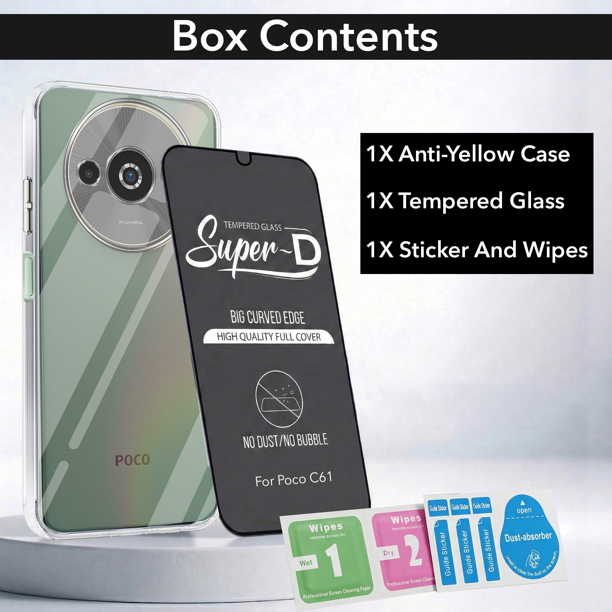 For Xiaomi Poco C61 Combo with Back Cover and 9H Tempered Glass (Lifetime Anti-Yellow | Sleek Hard Crystal | Oleophobic Coating Screen Glass)