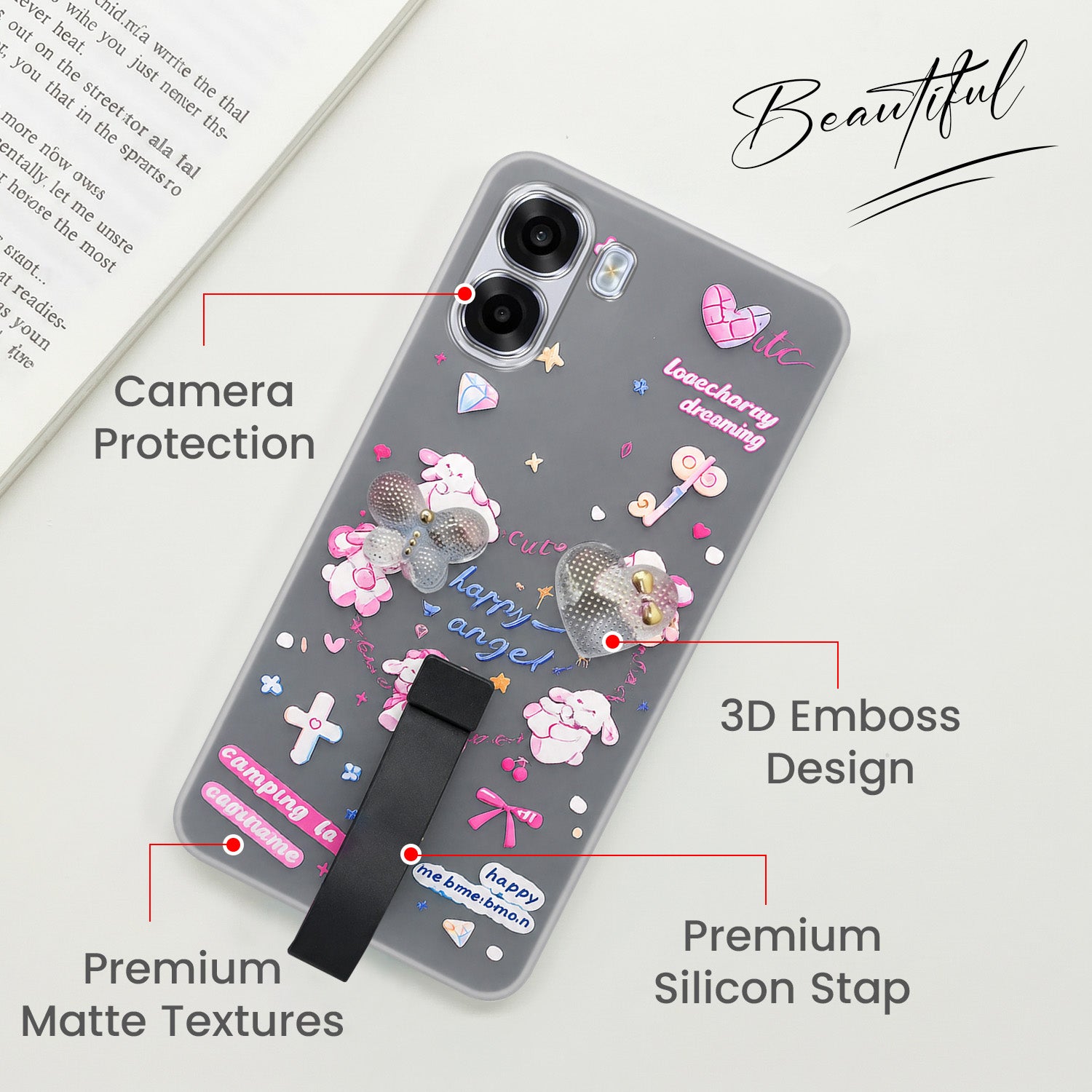 For Oppo K14x 5G Back Cover Case (3D Cute Heart Strap Holder | Camera Protection | Designer Girls Print)