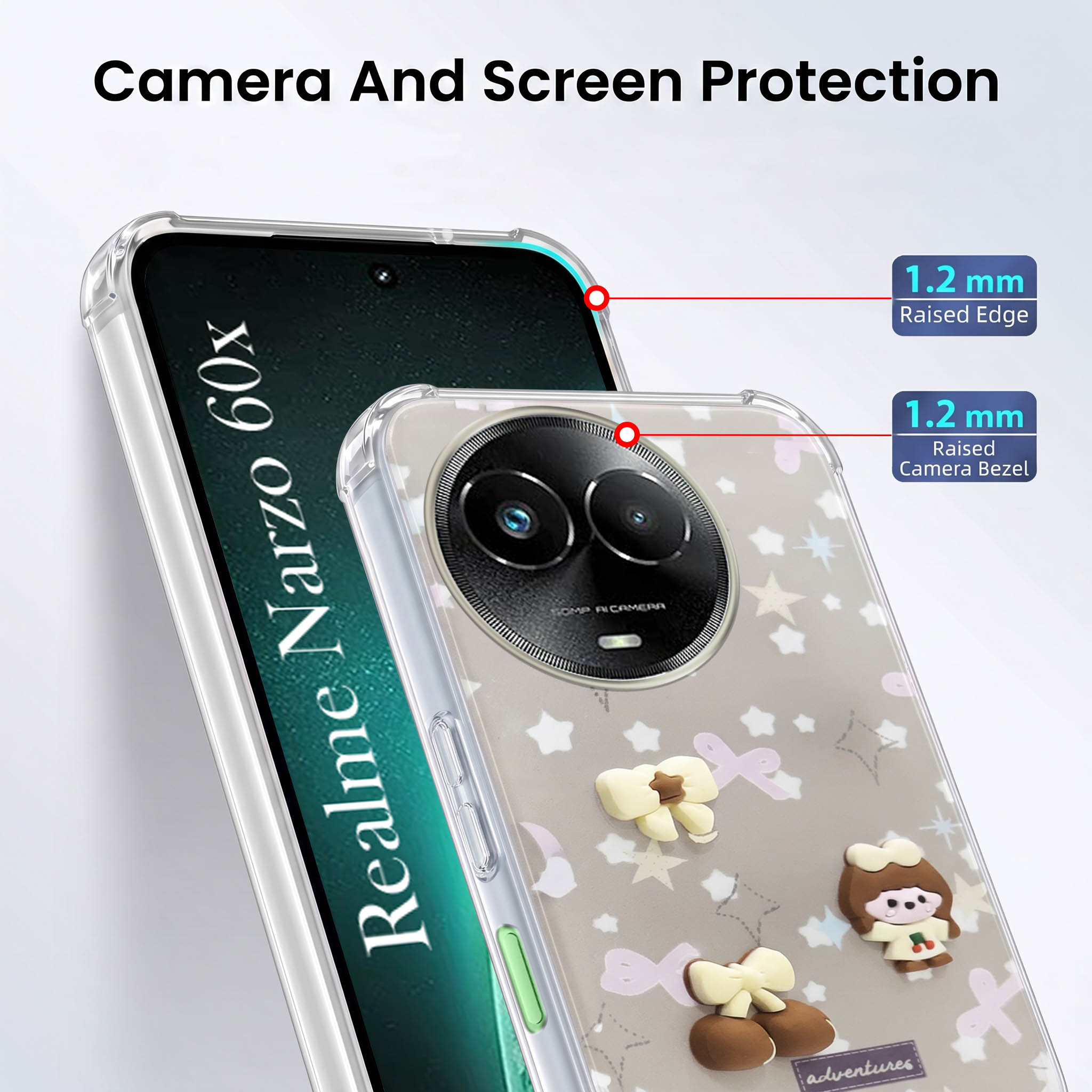 For Realme Narzo 60x Back Cover Case (3D Cute Cartoons | Hard Back Side Soft | Matte Premium Finish | HD Printing)