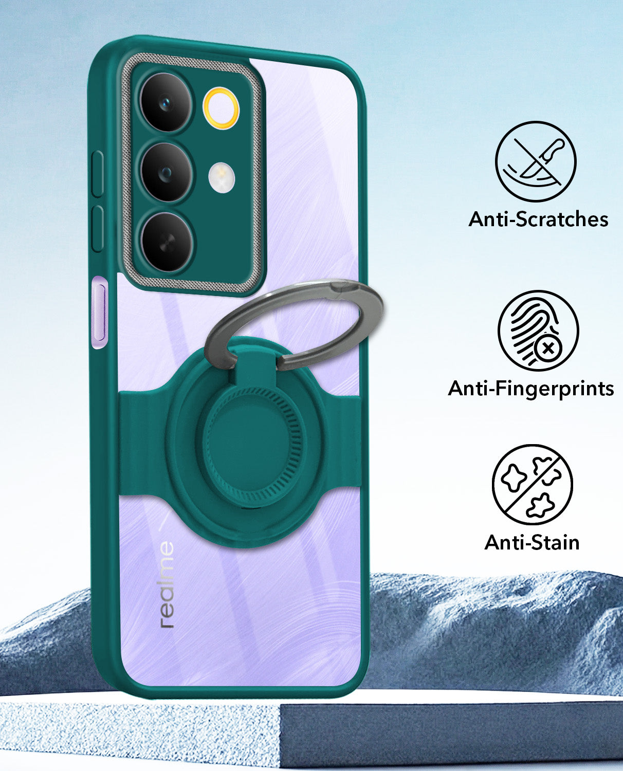 For Realme C85 5G | Realme Narzo 90x Back Cover Case with stand (Built-in Ring Holder Kickstand | Lifetime Anti Yellow | Camera Protection)
