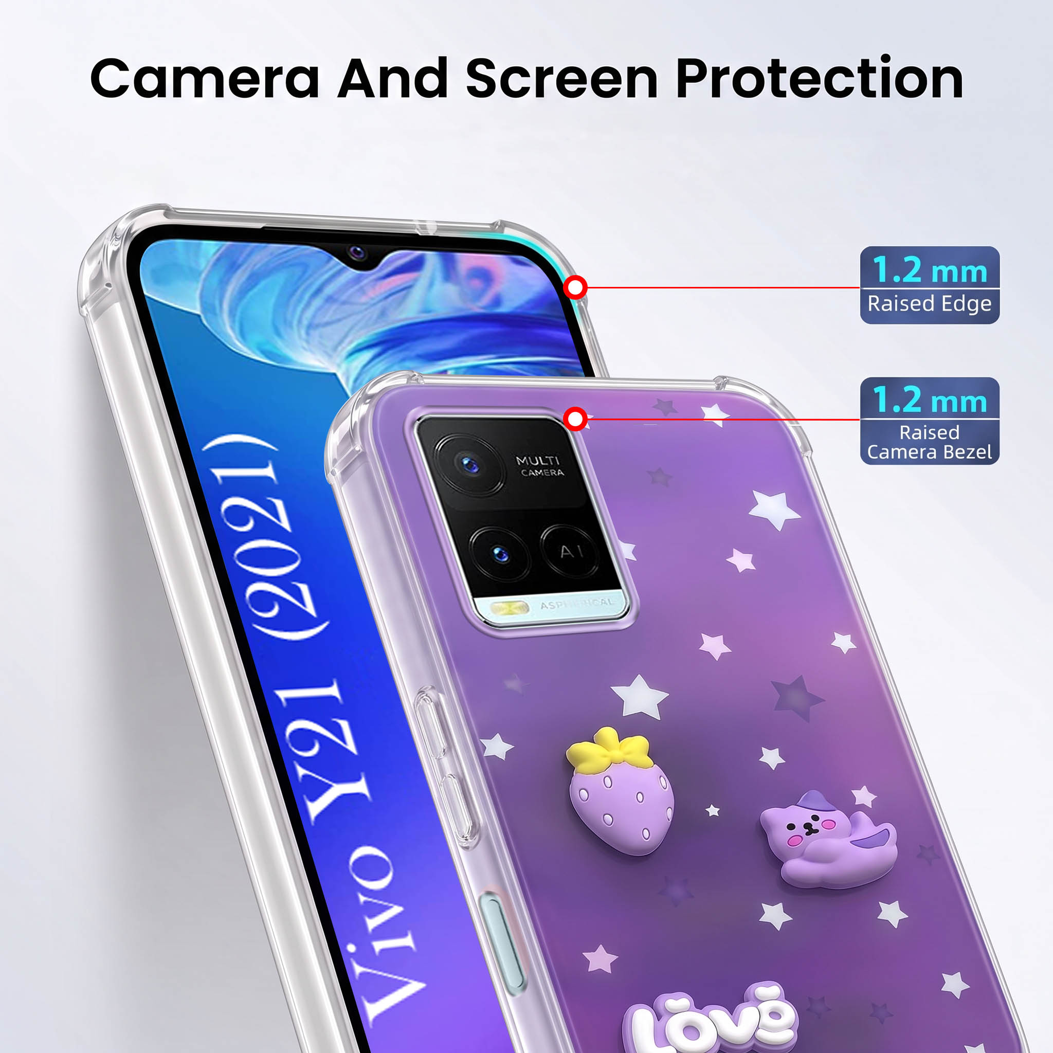 For Vivo Y21 2021 Back Cover Case (3D Cute Cartoons | Hard Back Side Soft | Matte Premium Finish | HD Printing)