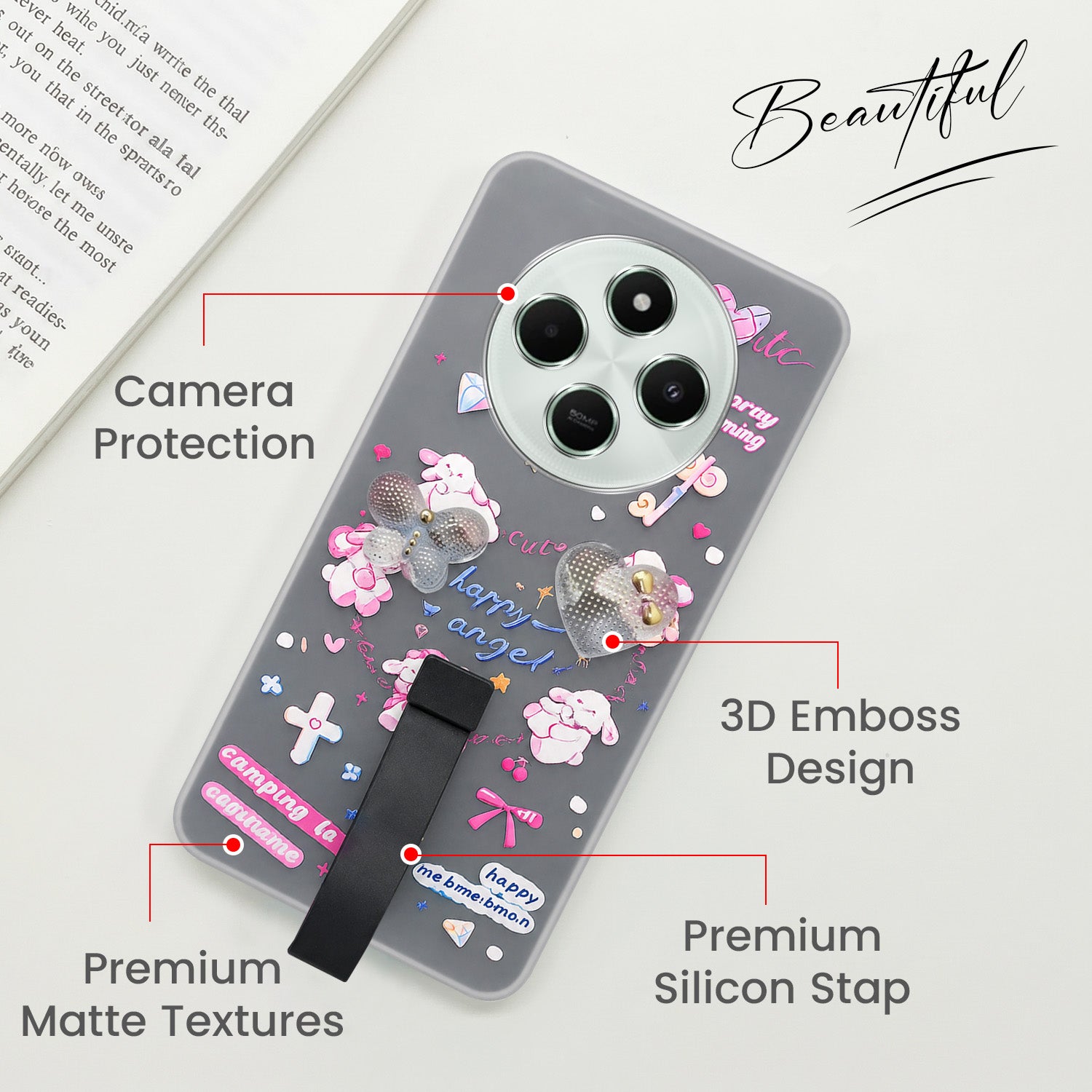 For Poco C75 | Poco M7 Back Cover Case (3D Cute Heart Strap Holder | Camera Protection | Designer Girls Print)
