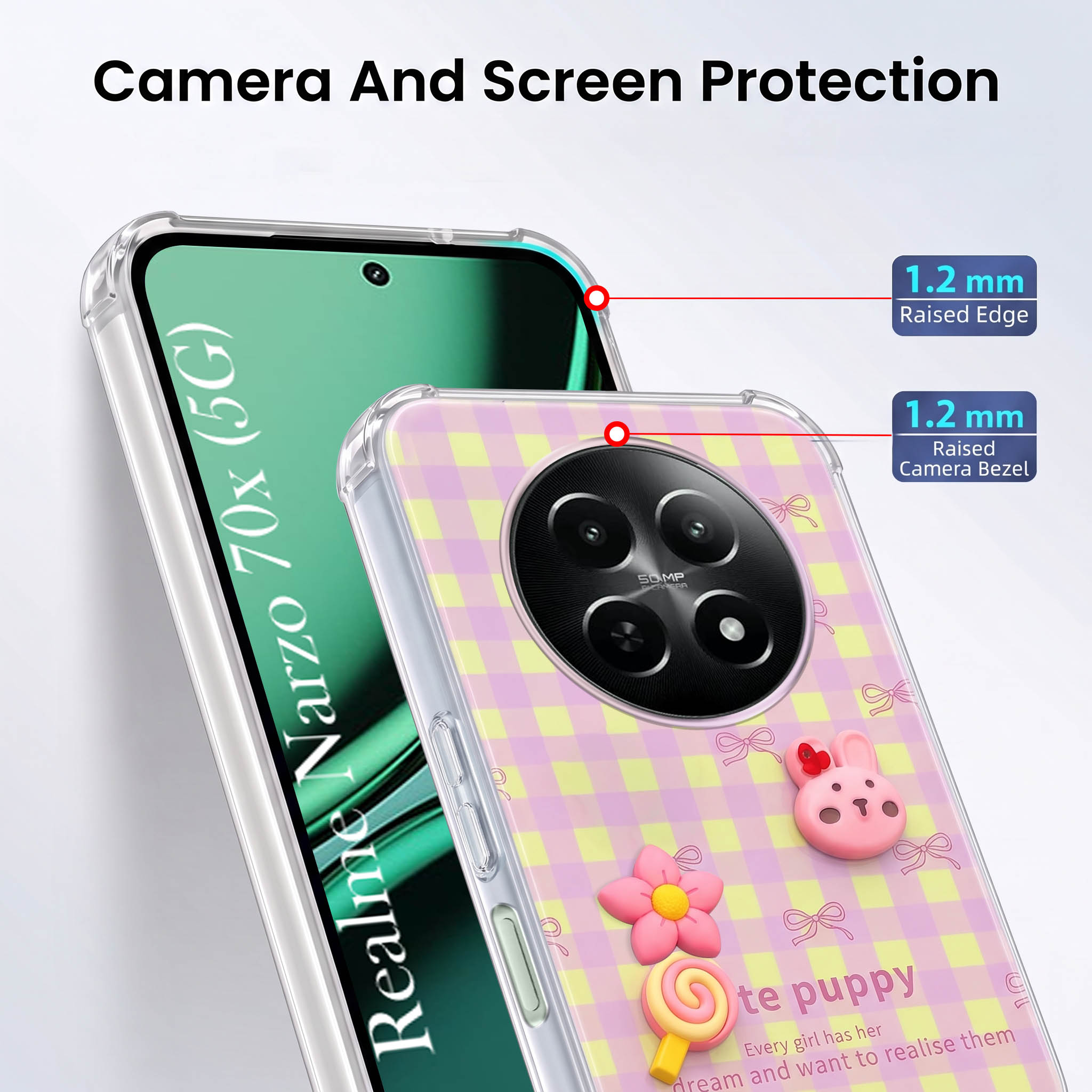 For Realme Narzo 70x 5G Back Cover Case (3D Cute Cartoons | Hard Back Side Soft | Matte Premium Finish | HD Printing)