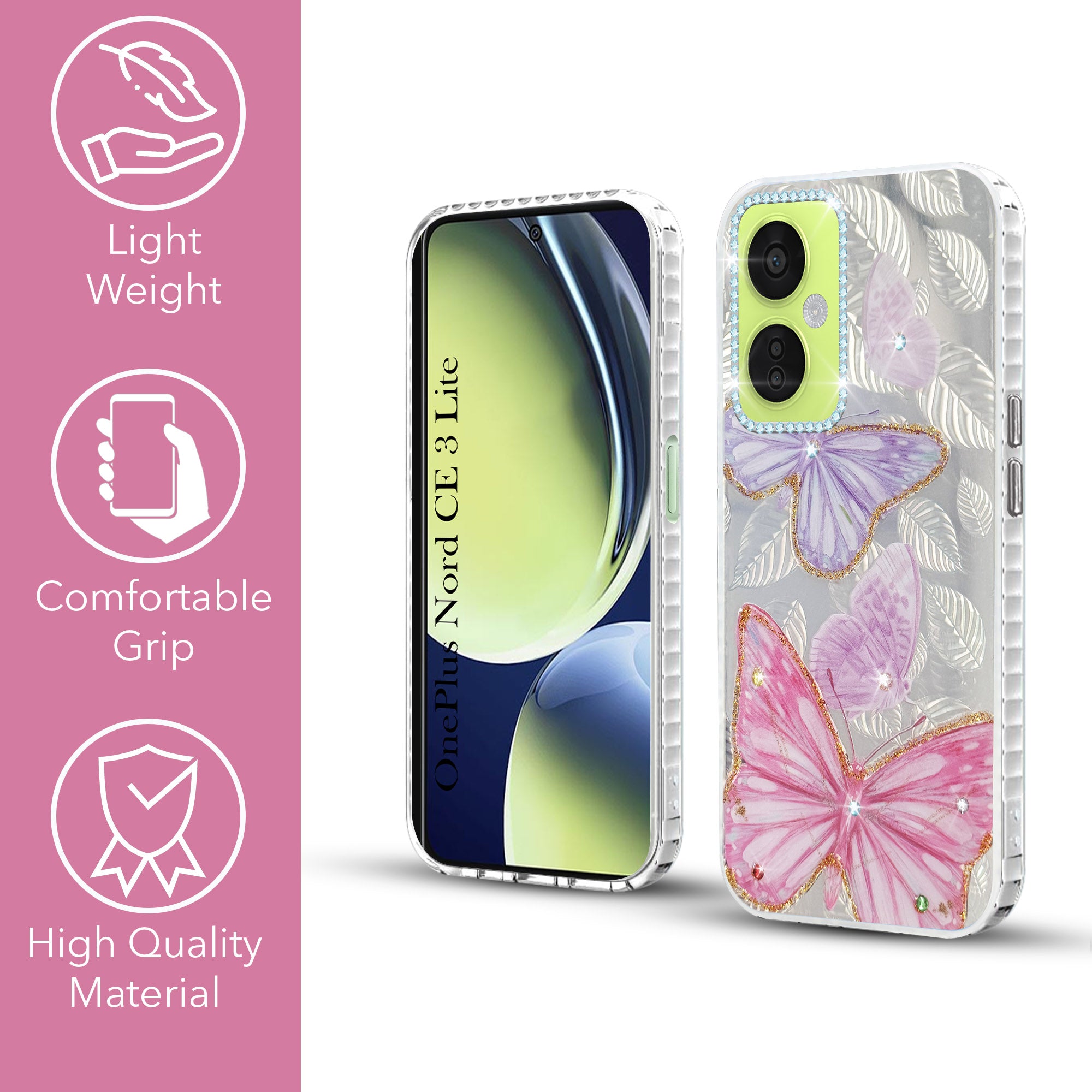 For OnePlus Nord CE 3 Lite Back Cover Case (Luxury Floral Glitter Cute Butterfly | Diamond Studded Camera Bump | Girls & Women Design)