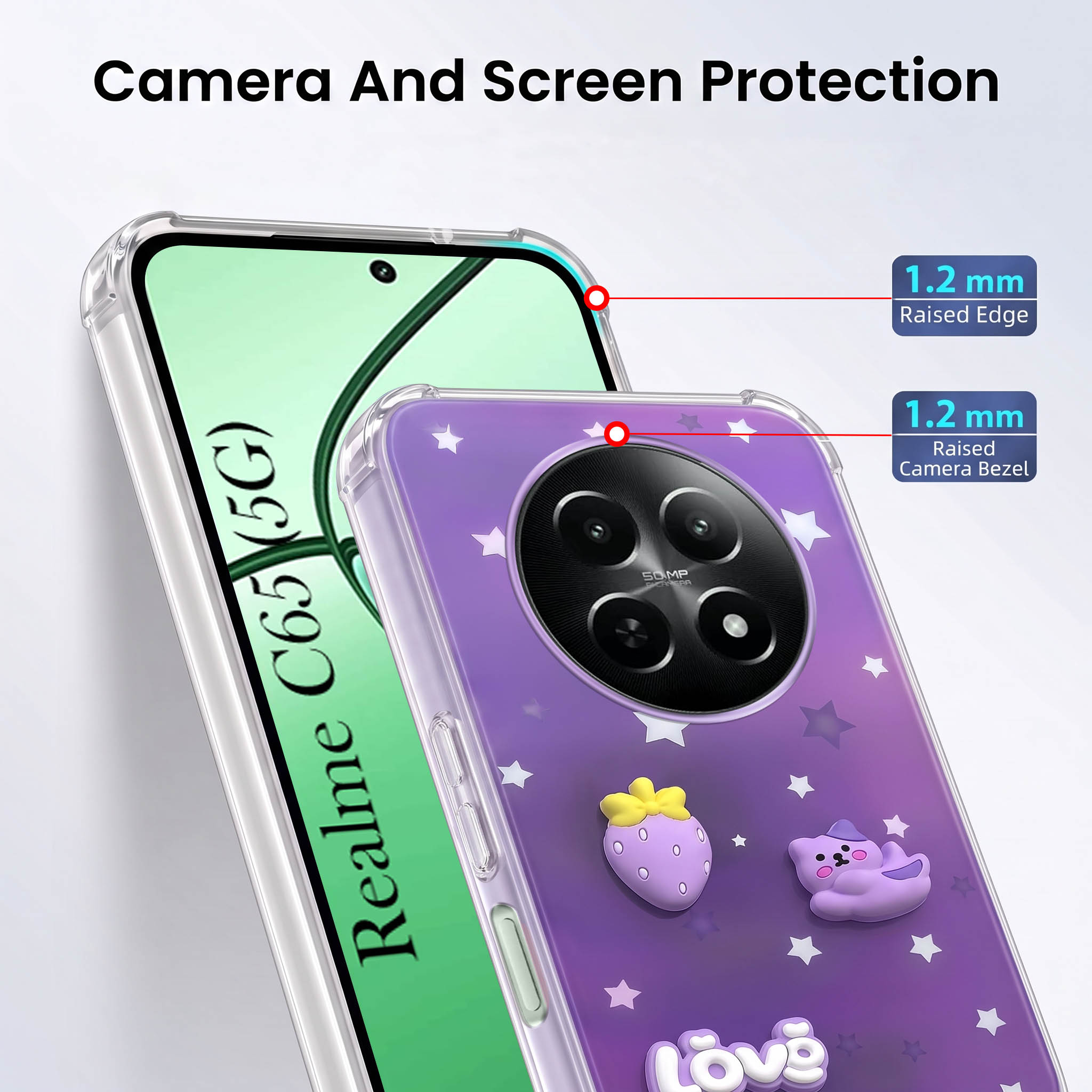 For Realme C65 5G Back Cover Case (3D Cute Cartoons | Hard Back Side Soft | Matte Premium Finish | HD Printing)