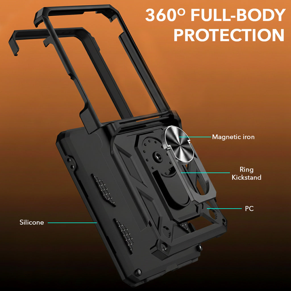 For Samsung Galaxy Z Flip 7 Hybrid Armor (Sliding Shutter Camera Protection | Polycarbonate |Ring Holder Kickstand)