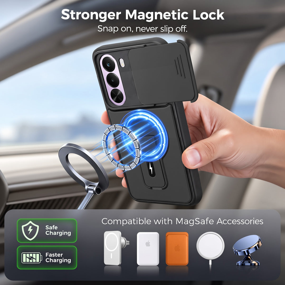 For Realme P4x Back Case Cover Metallic (Hybrid Armor Kickstand | Sliding Shutter Camera Protection | MagSafe Compatible)