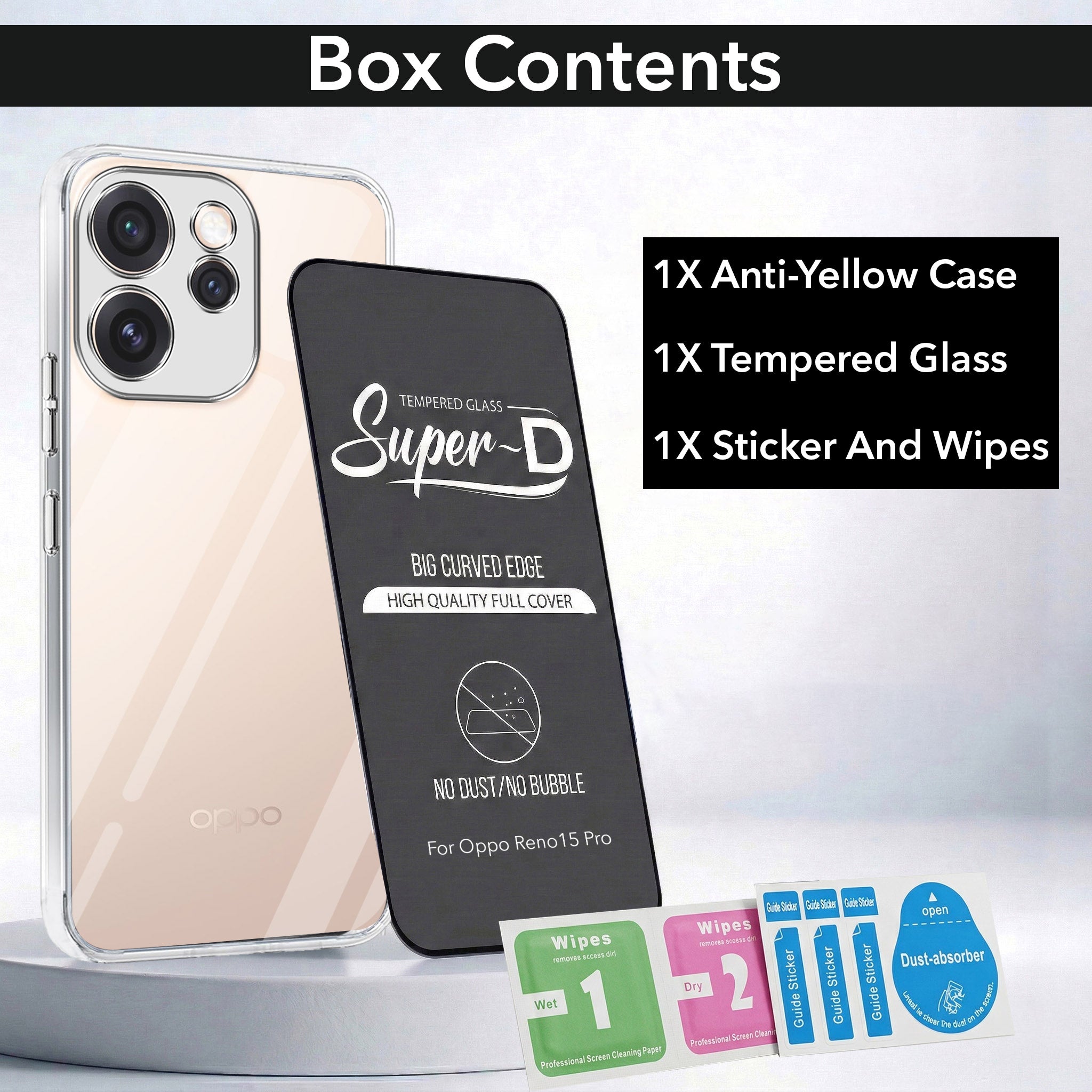 For Oppo Reno15 Pro 5G | Oppo Reno 15 Pro 5G Combo with Back Cover and 9H Tempered Glass (Lifetime Anti-Yellow | Sleek Hard Crystal | Oleophobic Coating Screen Glass)