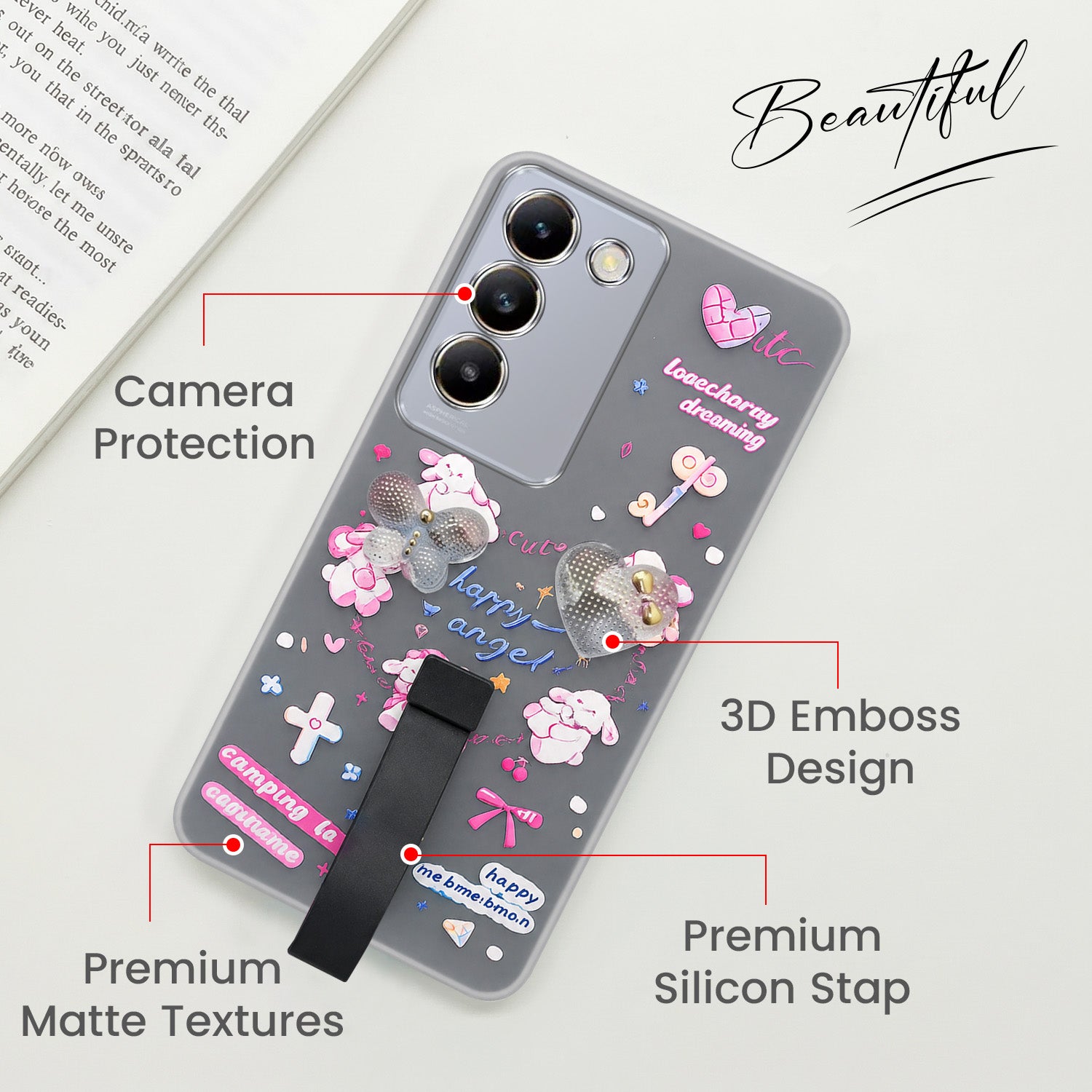 For Vivo T3 5G Back Cover Case (3D Cute Heart Strap Holder | Camera Protection | Designer Girls Print)