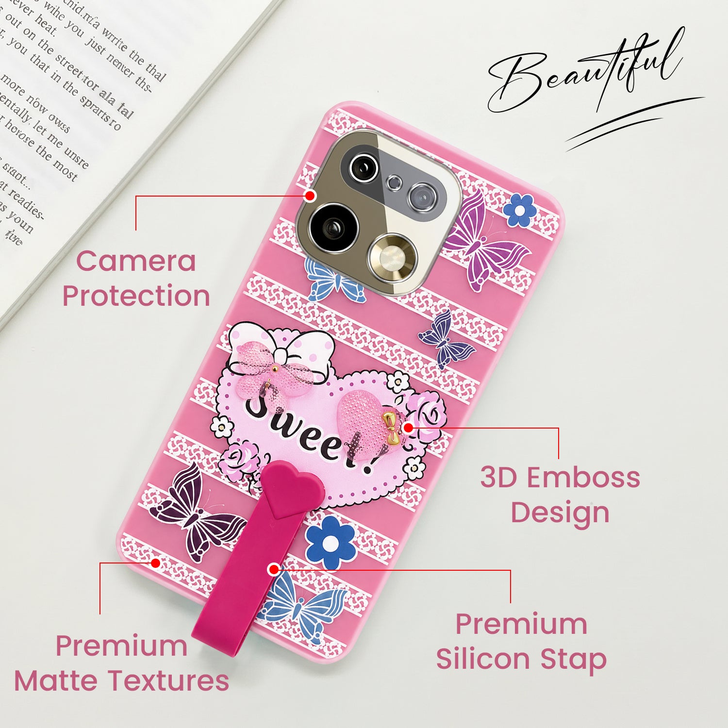 For Realme 16 Pro Plus 5G Back Cover Case (3D Cute Heart Strap Holder | Camera Protection | Designer Girls Print)