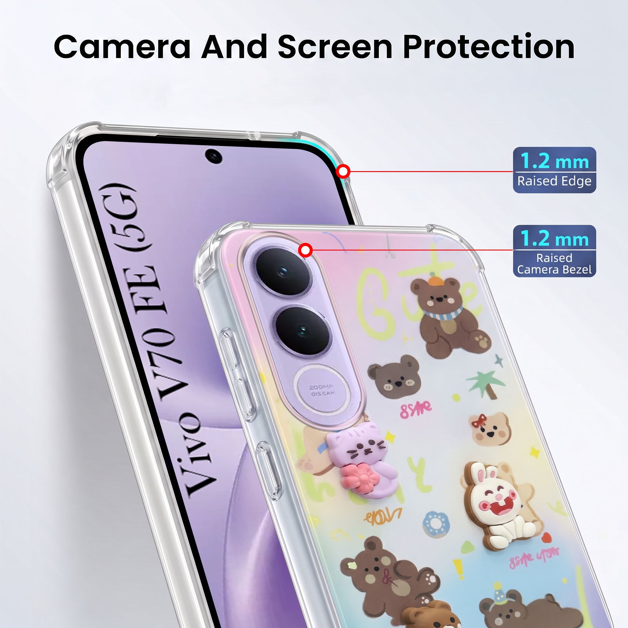 For Vivo V70 FE 5G Back Cover Case (3D Cute Cartoons | Hard Back Side Soft | Matte Premium Finish | HD Printing)