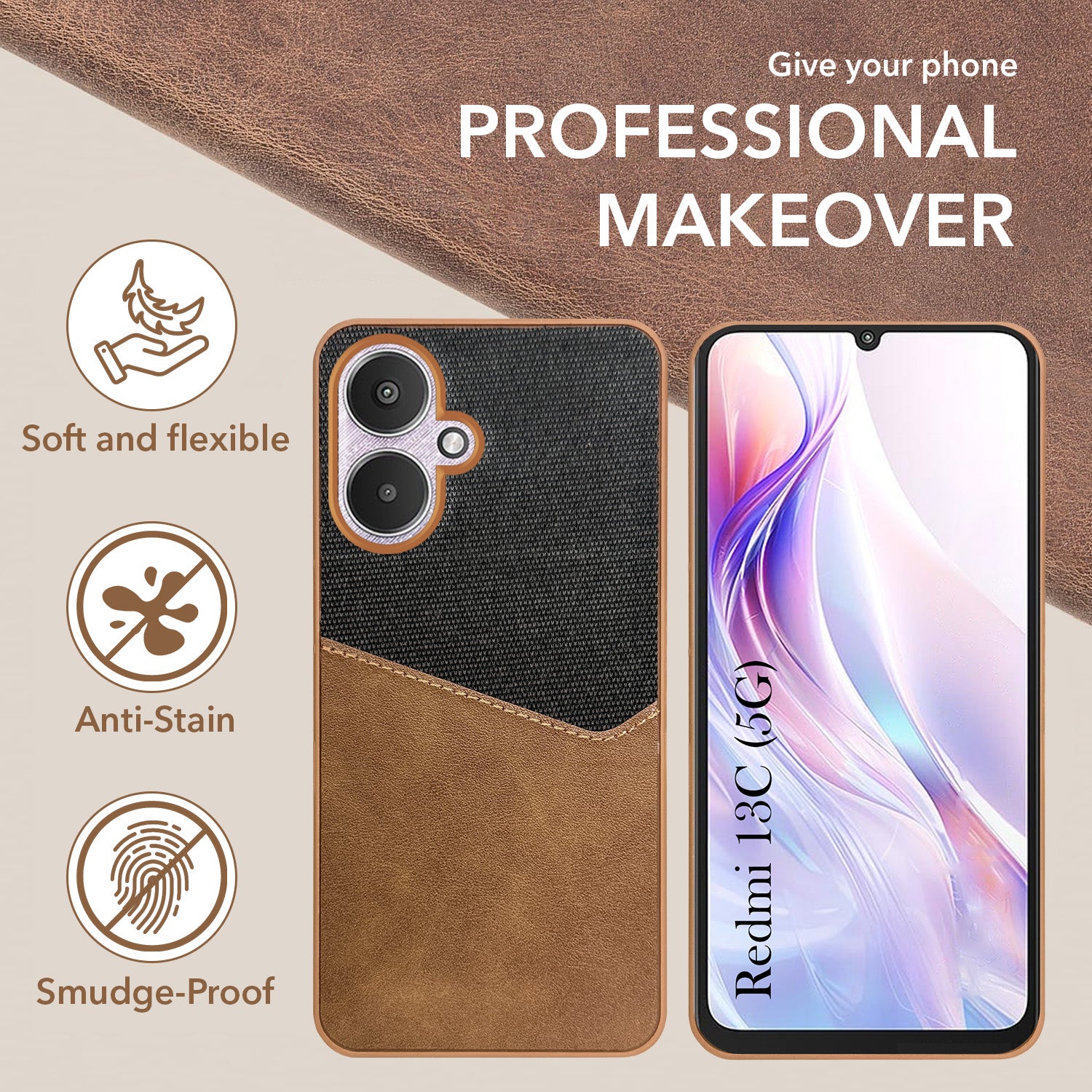 For Redmi 13C 5G Back Cover Case (Dual PU Leather Stitch | Professional Minimalist | Soft and Flexible)
