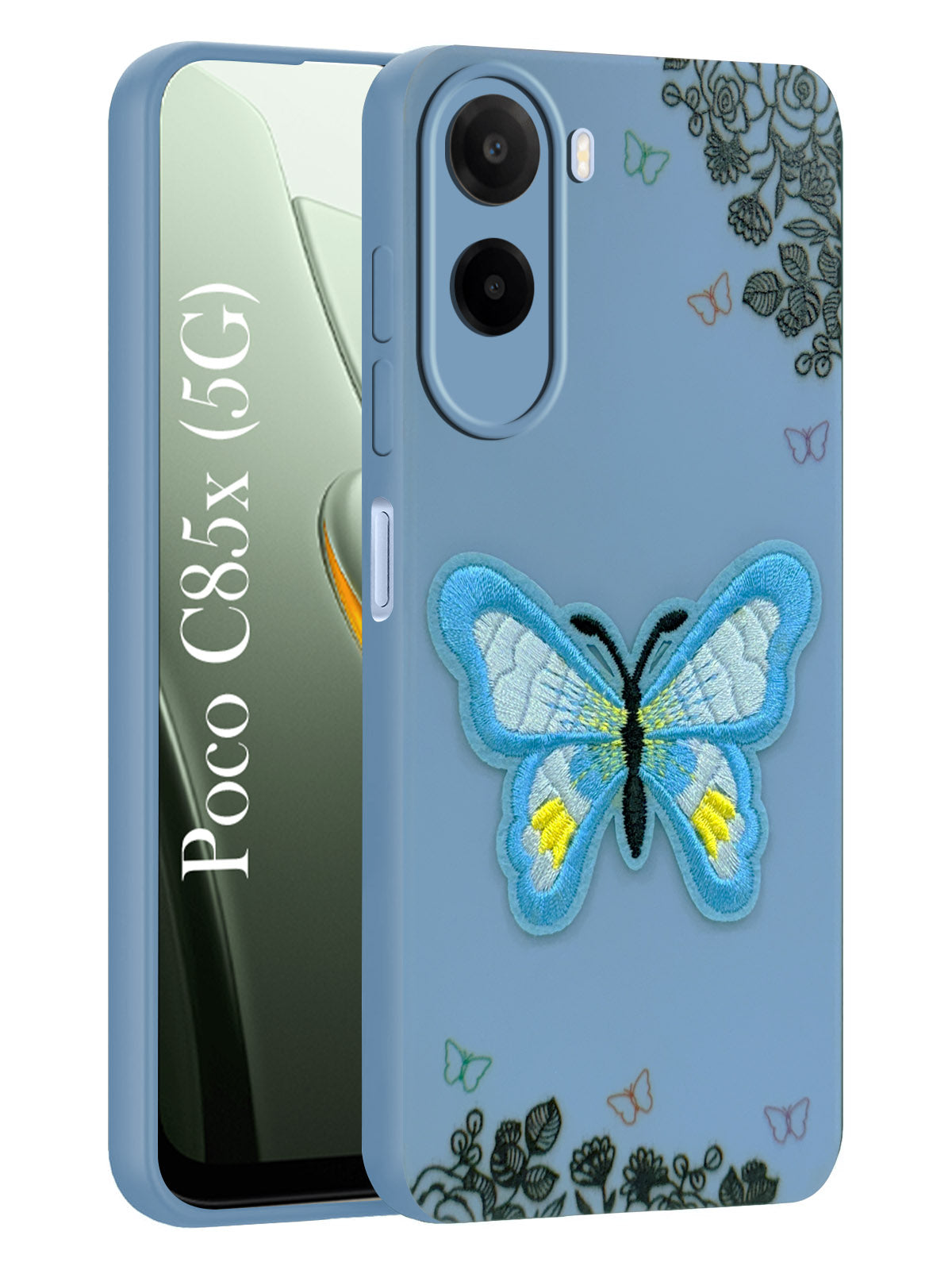 For Poco C85x 5G Back Cover Case (Soft Butterfly Embroidery | Women Teen Girls | Camera Protection| Matte Silicone)