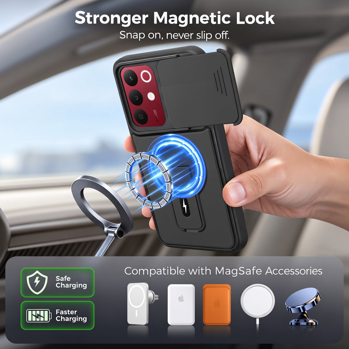 For Realme 15X Back Case Cover Metallic (Hybrid Armor Kickstand | Sliding Shutter Camera Protection | MagSafe Compatible)