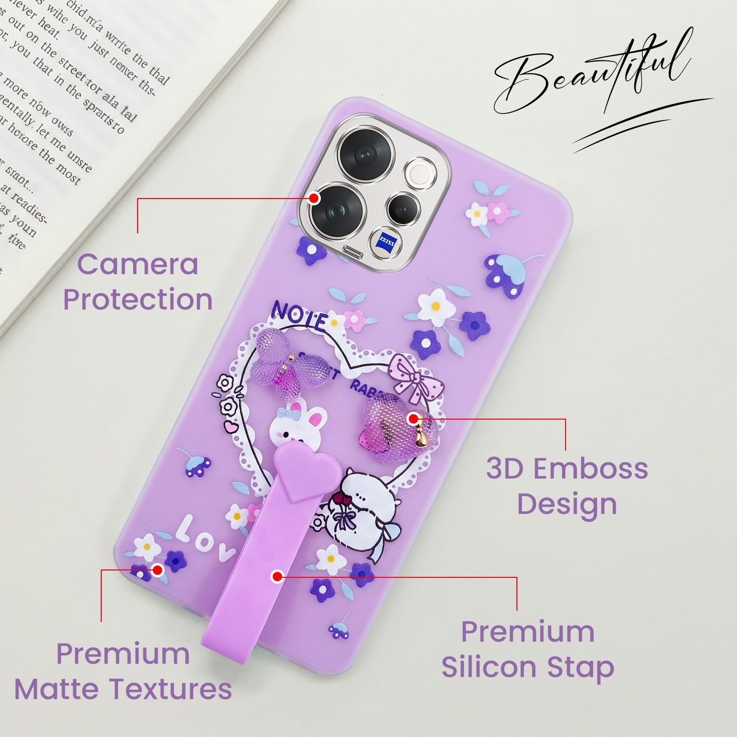 For Vivo V70 | Vivo V70 Elite 5G Back Cover Case (3D Cute Heart Strap Holder | Camera Protection | Designer Girls Print)
