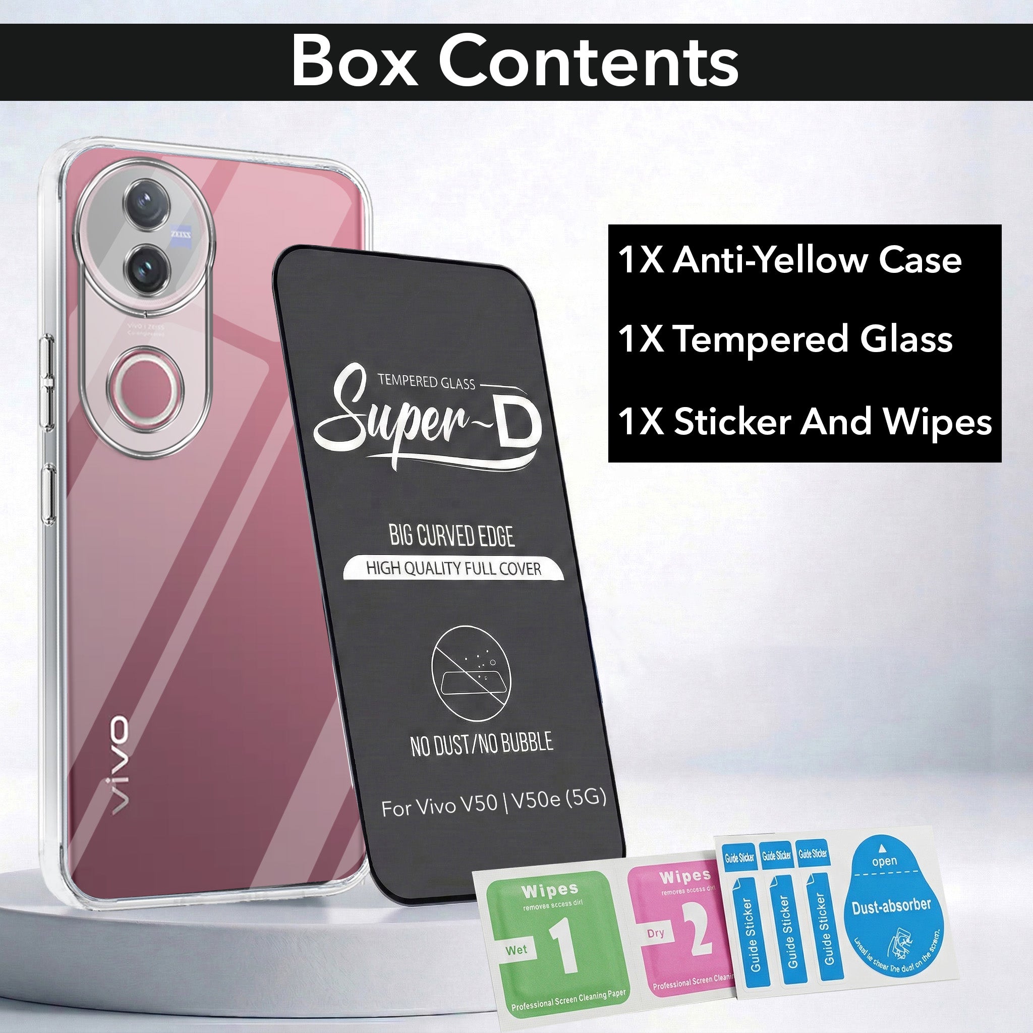 For Vivo V50 | Vivo V50e Combo with Back Cover and 9H Tempered Glass (Lifetime Anti-Yellow | Sleek Hard Crystal | Oleophobic Coating Screen Glass)