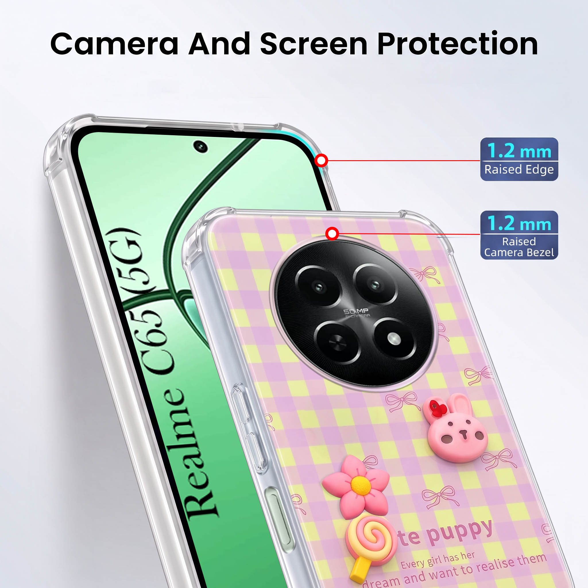 For Realme C65 5G Back Cover Case (3D Cute Cartoons | Hard Back Side Soft | Matte Premium Finish | HD Printing)