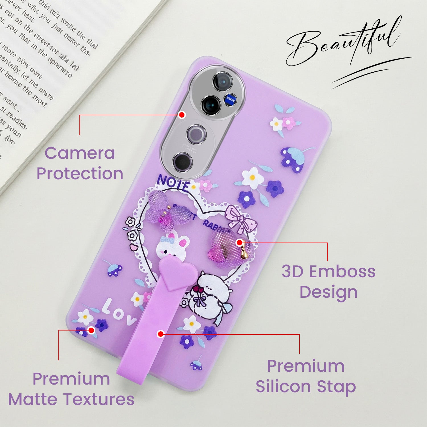 For Vivo V40 | Vivo V40 Pro 5G Back Cover Case (3D Cute Heart Strap Holder | Camera Protection | Designer Girls Print)