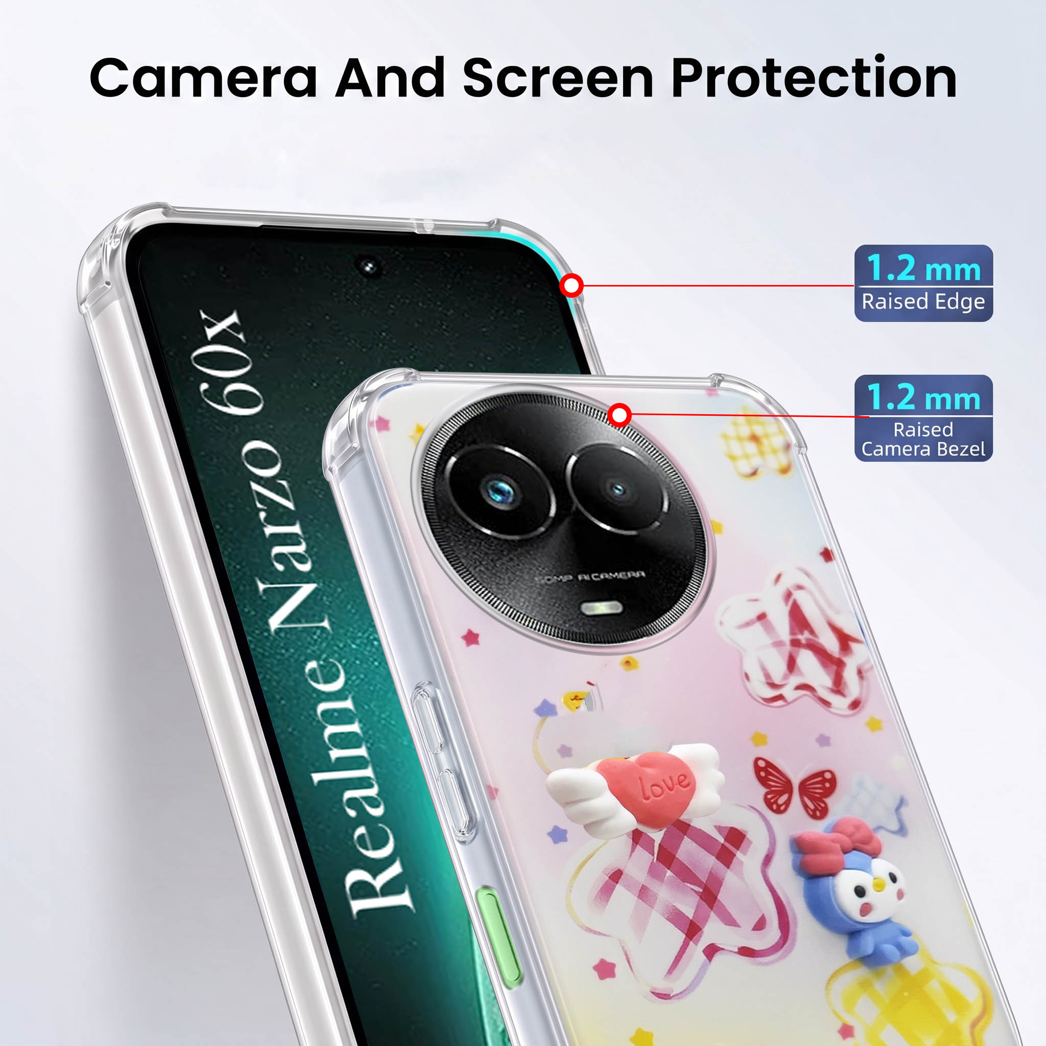 For Realme Narzo 60x Back Cover Case (3D Cute Cartoons | Hard Back Side Soft | Matte Premium Finish | HD Printing)