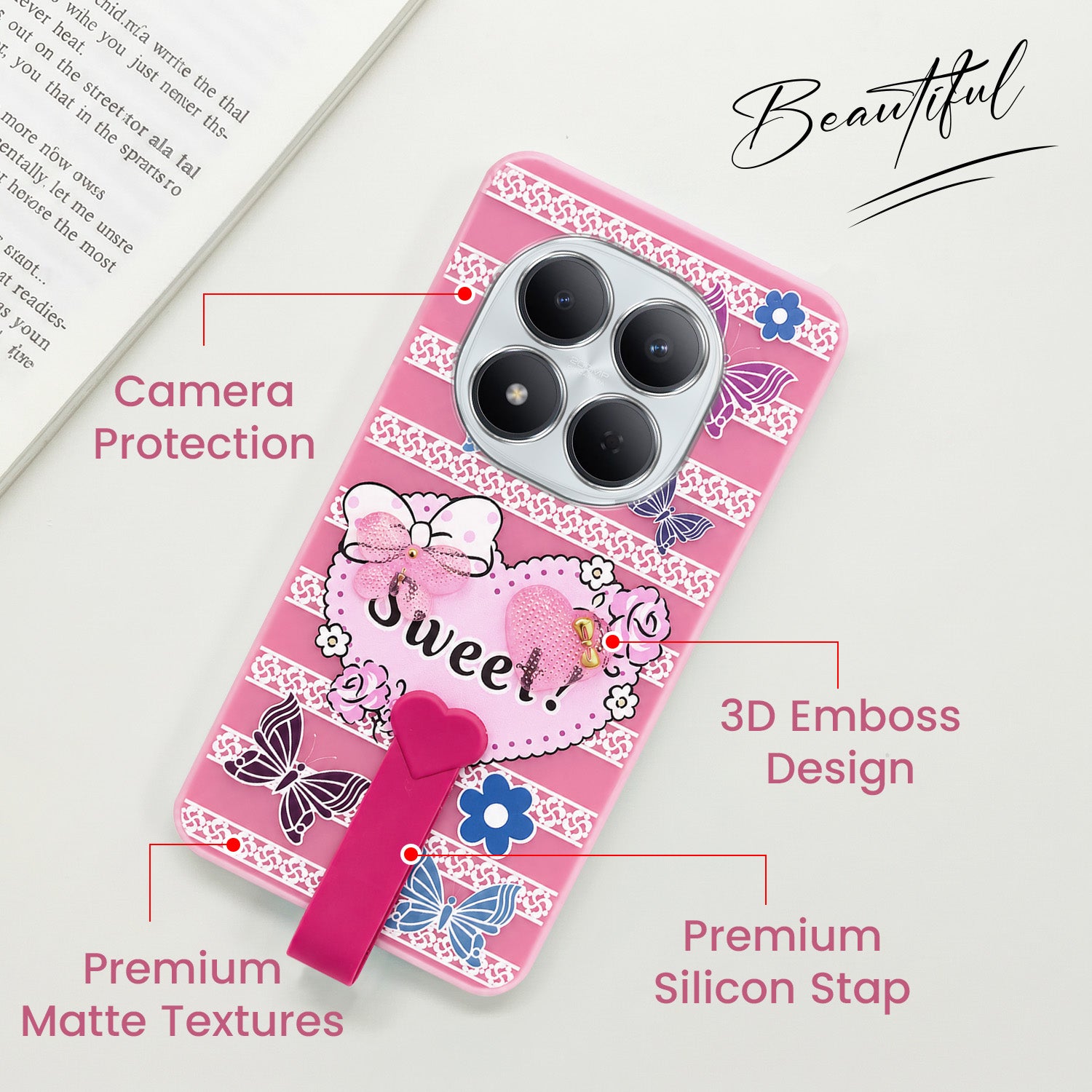 For Xiaomi Redmi Note 15 Pro 5G Back Cover Case (3D Cute Heart Strap Holder | Camera Protection | Designer Girls Print)