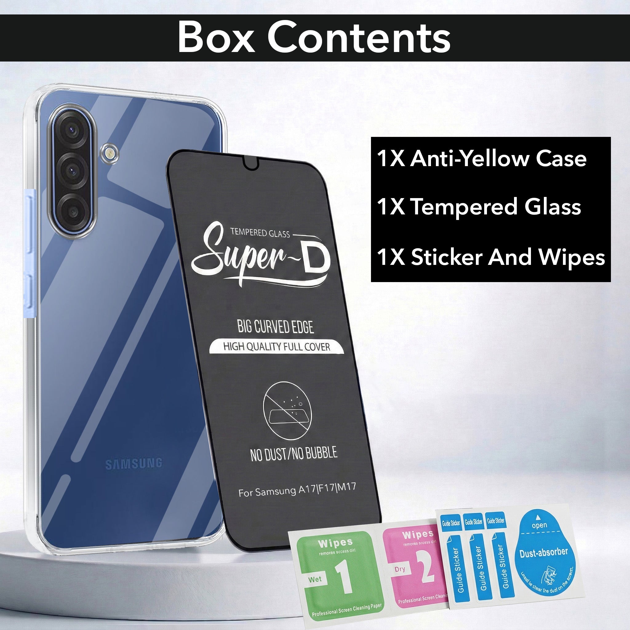 For Samsung Galaxy A17 | Samsung F17 | Samsung M17 5G Combo with Back Cover and 9H Tempered Glass ( Lifetime Anti-Yellow | Sleek Hard Crystal | Oleophobic Coating Screen Glass)