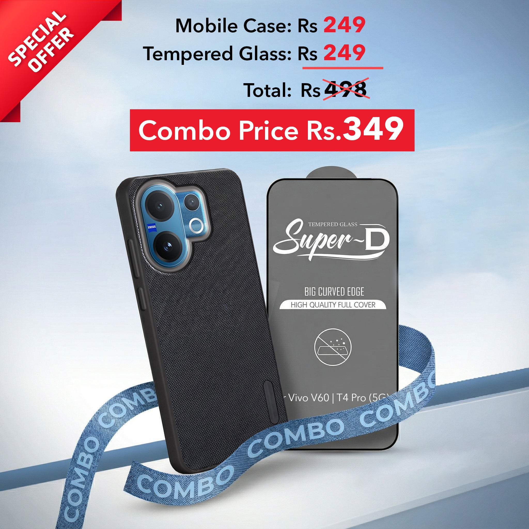 For Vivo V60 | Vivo T4 Pro Combo with Back Cover and 9H Tempered Glass (Textured Grip Design | Micro-Fiber Cloth Inside | Oleophobic Coating Screen Glass)