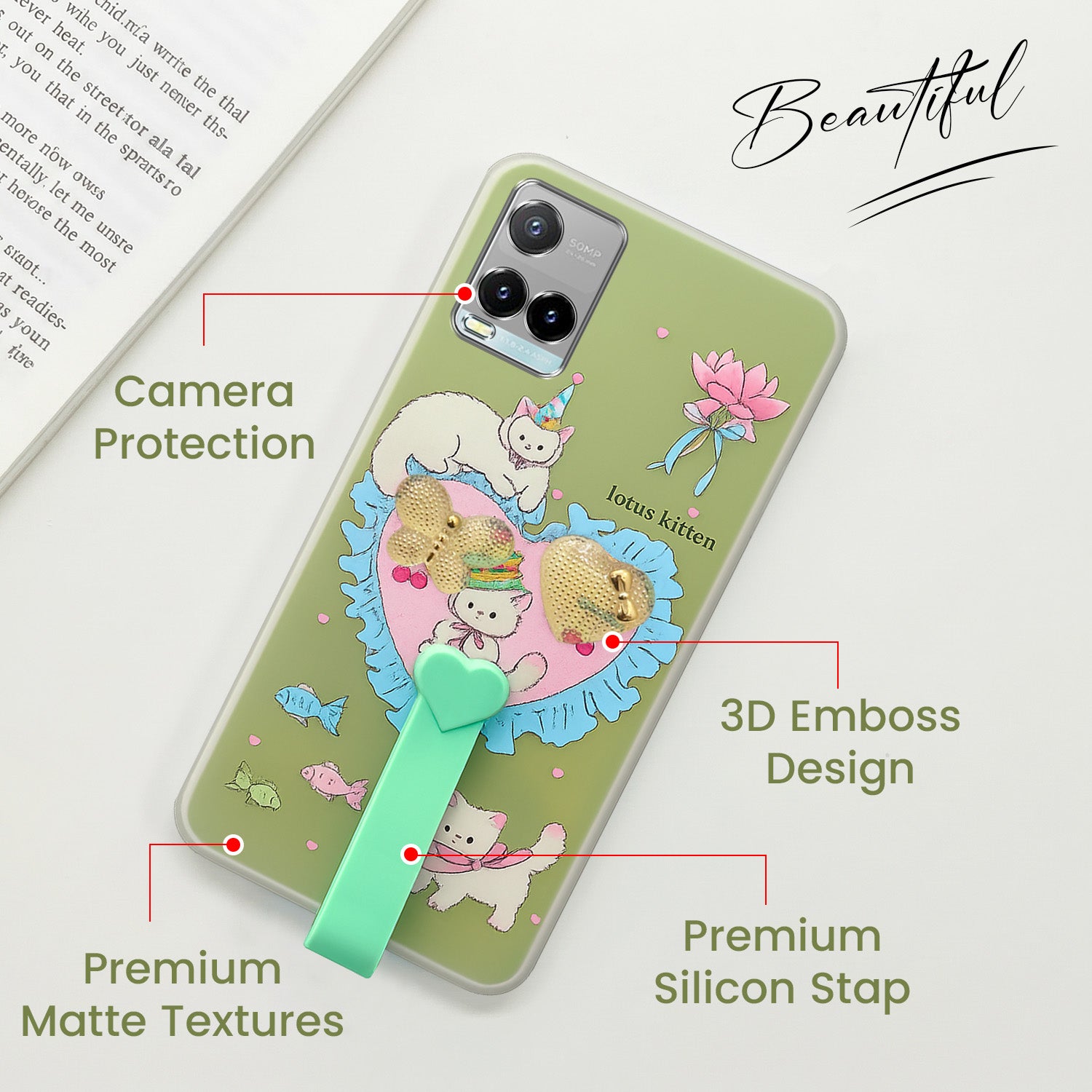 For Vivo Y33T | Vivo Y21T | Vivo Y21s Back Cover Case (3D Cute Heart Strap Holder | Camera Protection | Designer Girls Print)