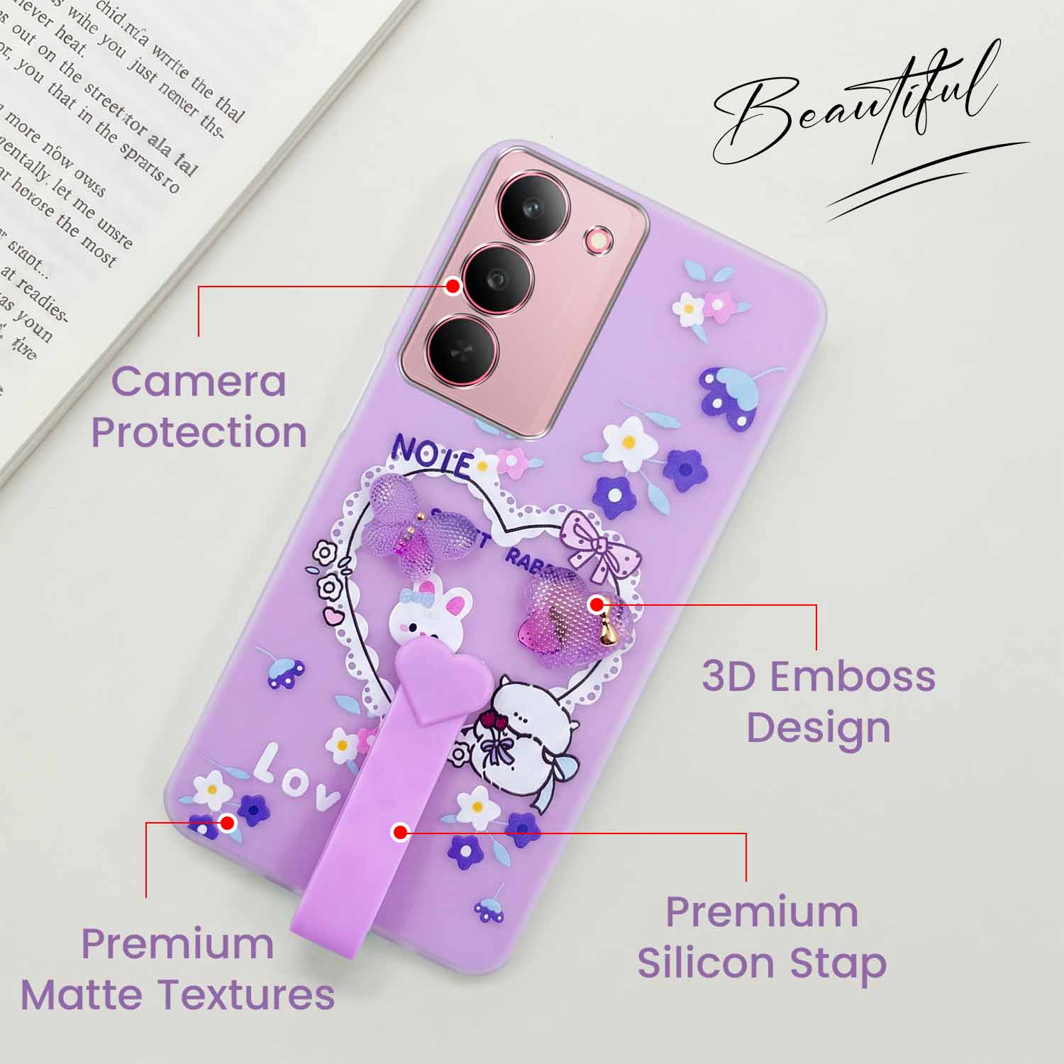 For Realme 14X Back Cover Case (3D Cute Heart Strap Holder | Camera Protection | Designer Girls Print)