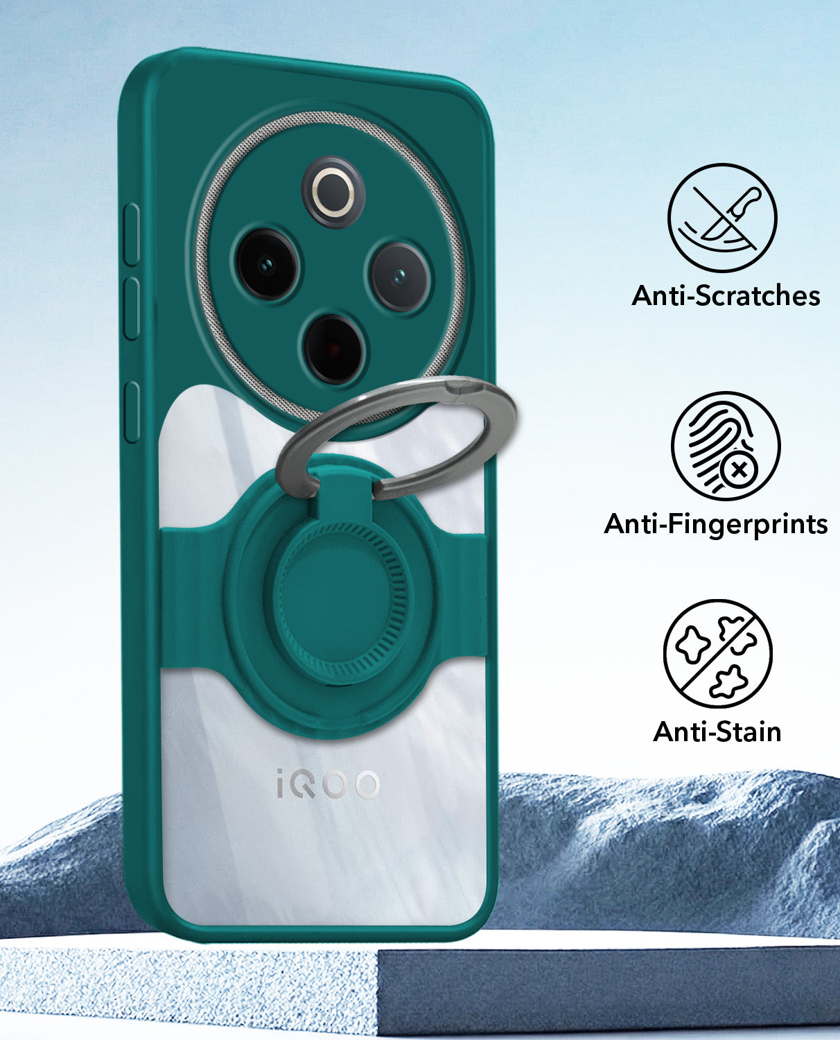 For Vivo iQOO Z10 Back Cover Case with stand (Built-in Ring Holder Kickstand | Lifetime Anti Yellow | Camera Protection)