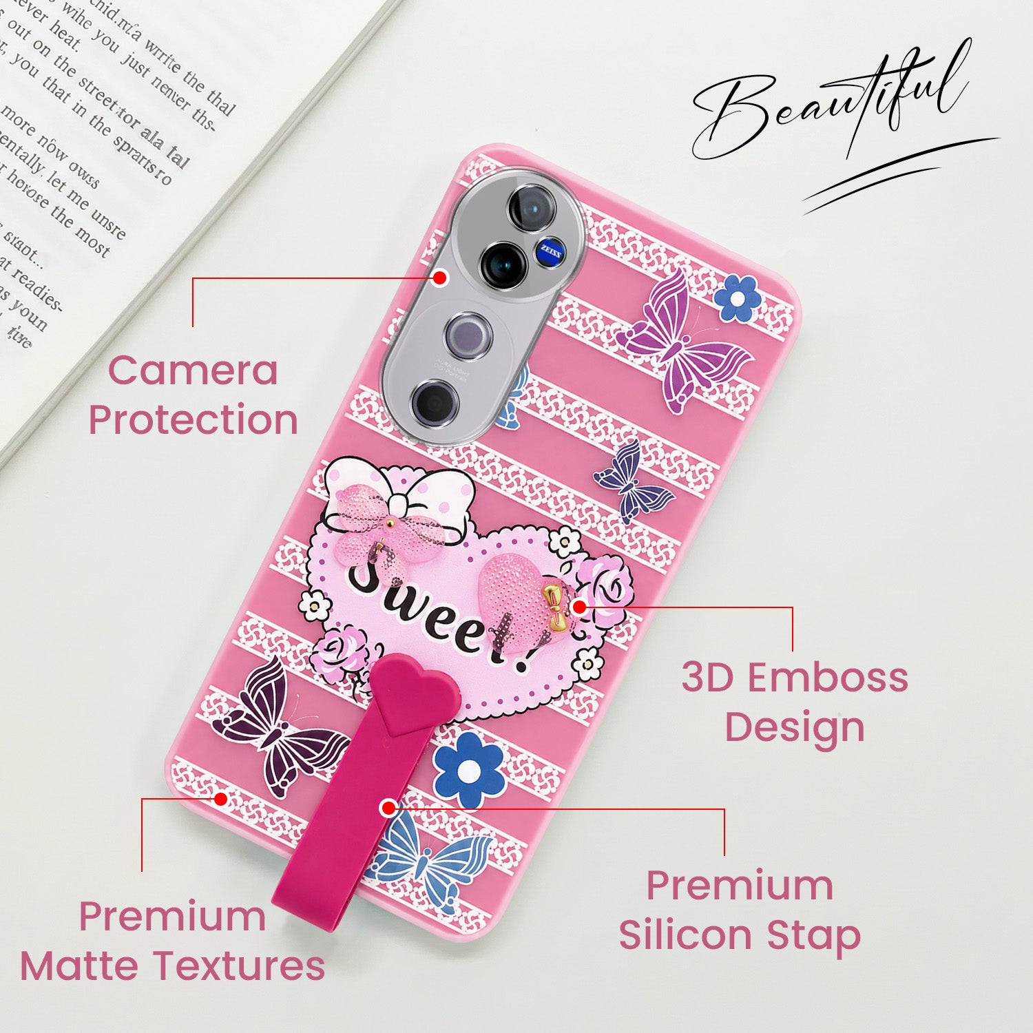 For Vivo V40 | Vivo V40 Pro 5G Back Cover Case (3D Cute Heart Strap Holder | Camera Protection | Designer Girls Print)