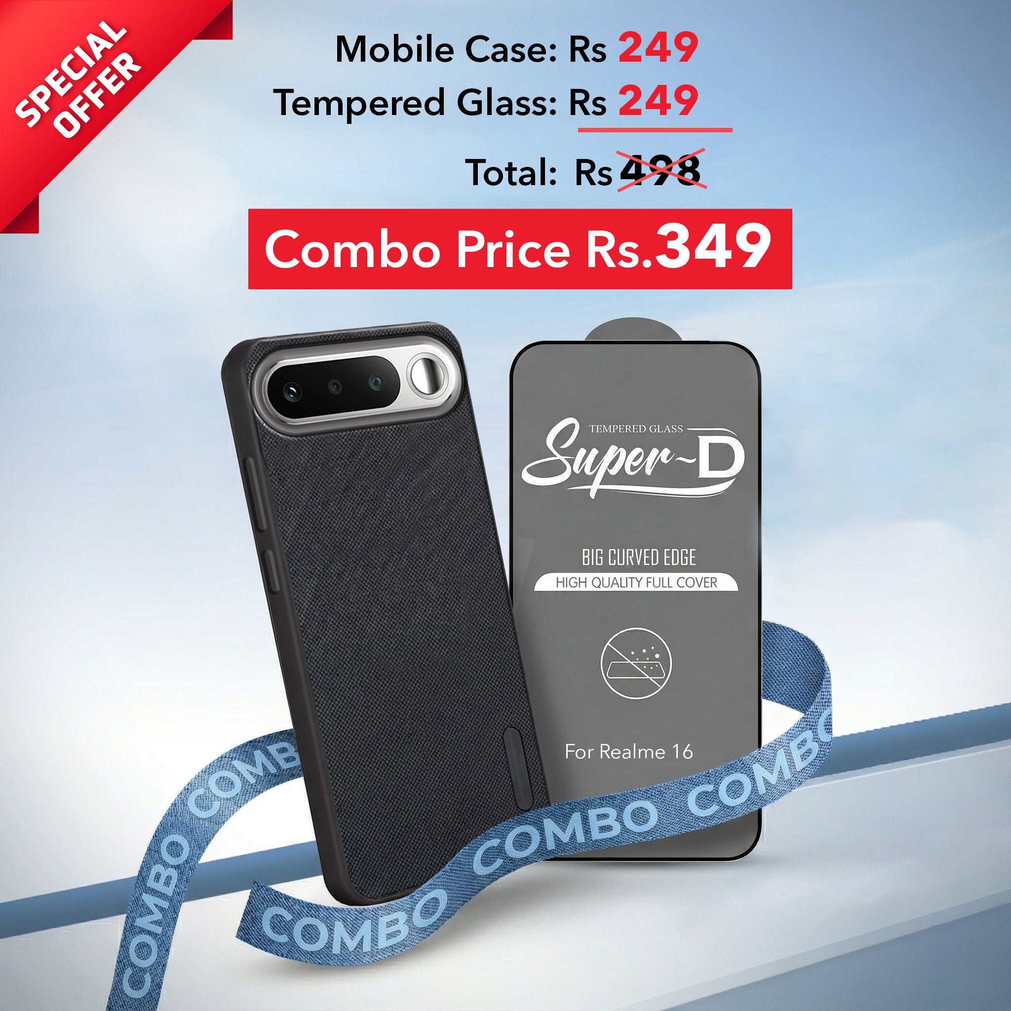 For Realme 16 Combo with Back Cover and 9H Tempered Glass (Textured Grip Design | Micro-Fiber Cloth Inside | Oleophobic Coating Screen Glass)