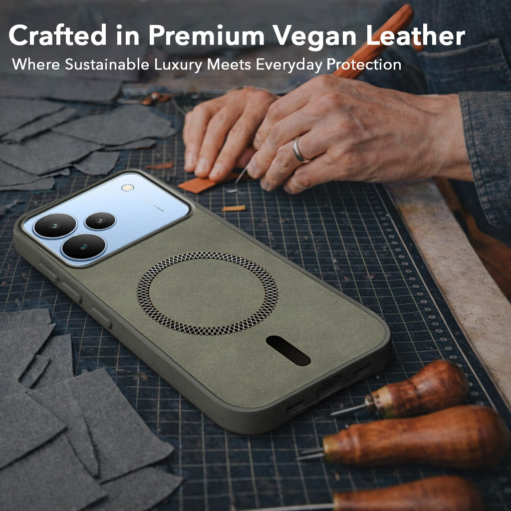 For Realme P4 Back Cover Case Leather Finish (MagSafe Compatible Wireless Charging | Soft Touch | Camera Bump Protection)