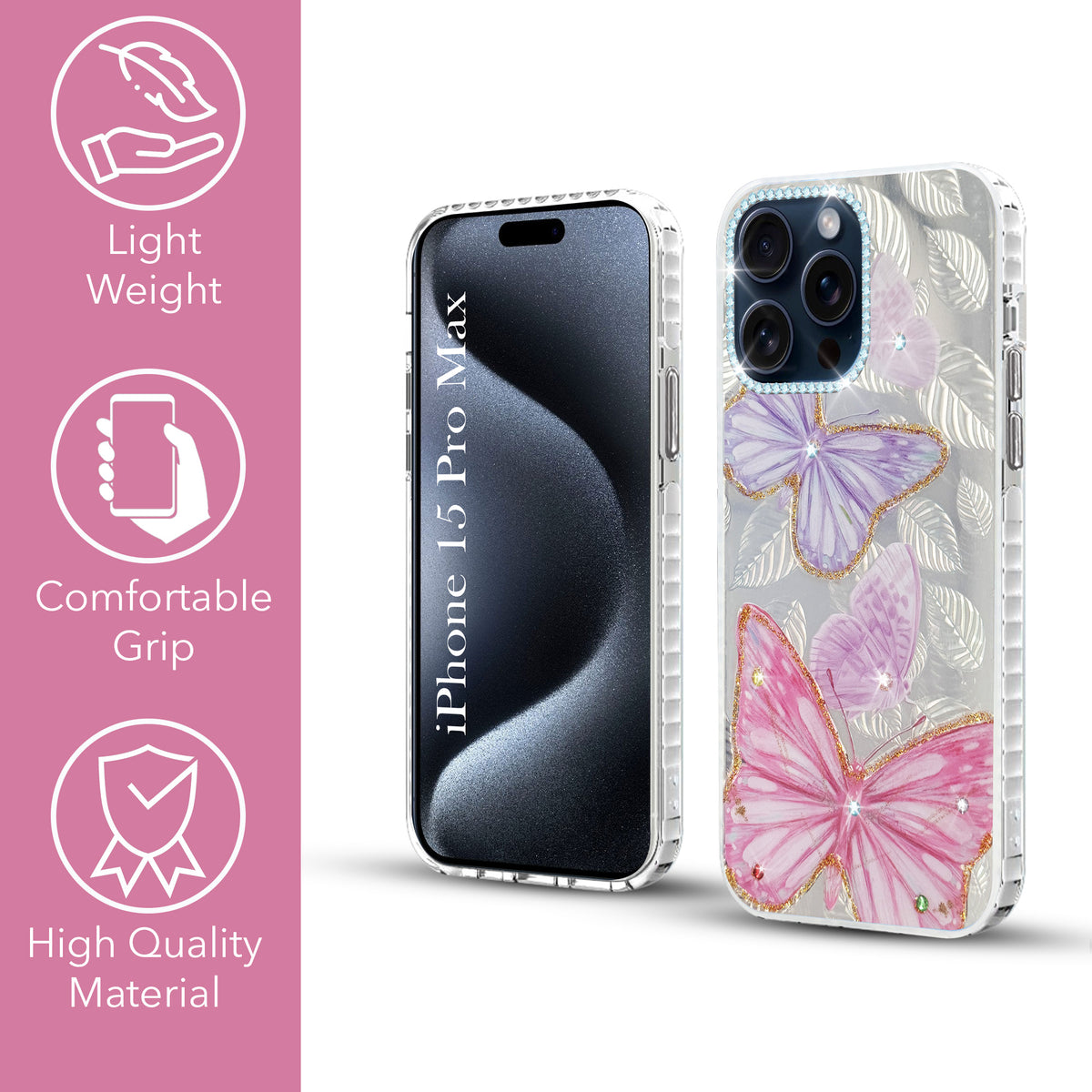 For Apple iPhone 15 Pro Max Back Cover Case (Luxury Floral Glitter Cute Butterfly | Diamond Studded Camera Bump | Girls & Women Design)