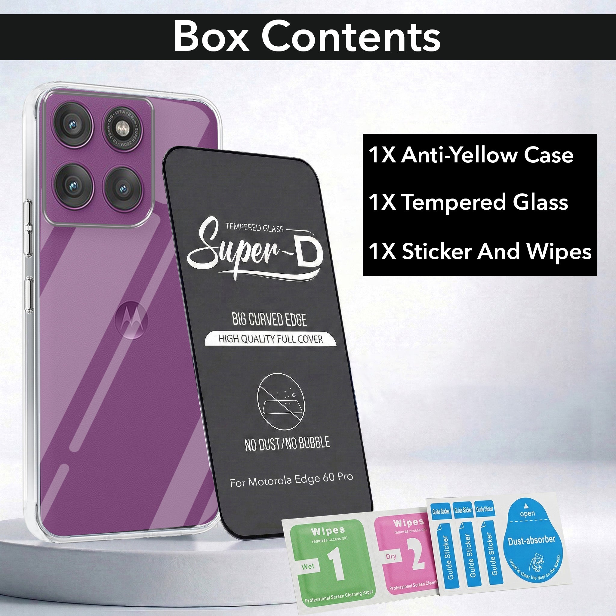 For Motorola Moto Edge 60 Pro Combo with Back Cover and 9H Tempered Glass (Lifetime Anti-Yellow | Sleek Hard Crystal | Oleophobic Coating Screen Glass)